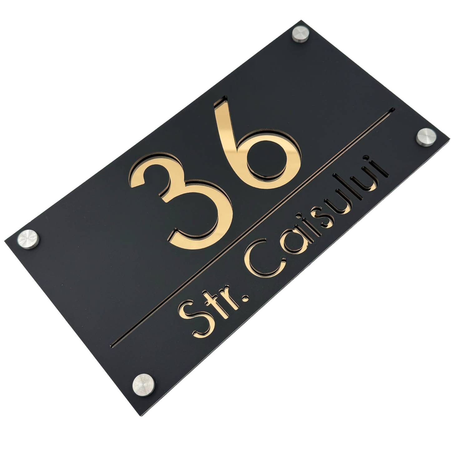 PREMIUM HOUSE NUMBER - Satin Black Gold Mirror 4 Spacers Silver - 28×15 cm
