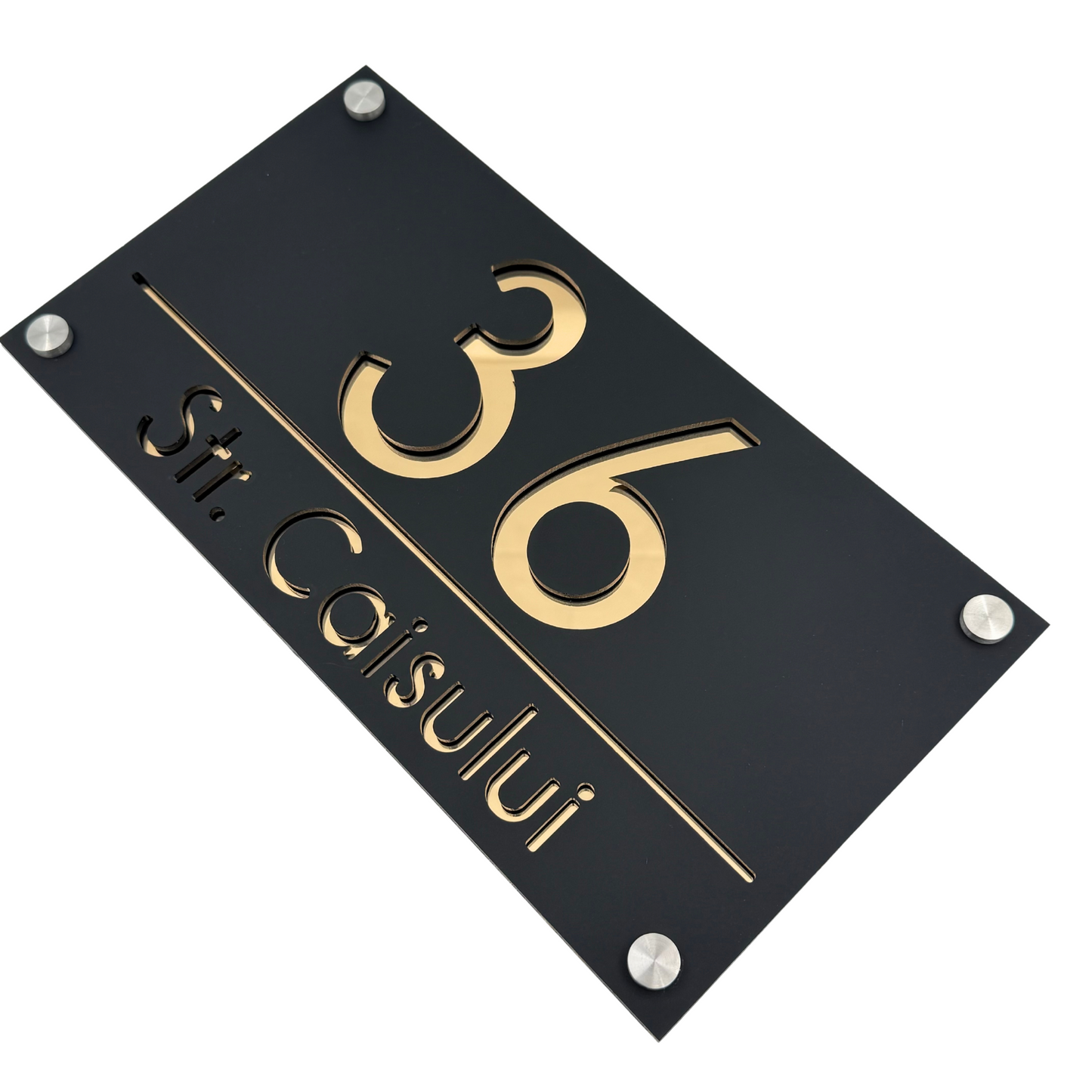 PREMIUM HOUSE NUMBER - Satin Black Gold Mirror 4 Spacers Silver - 28×15 cm