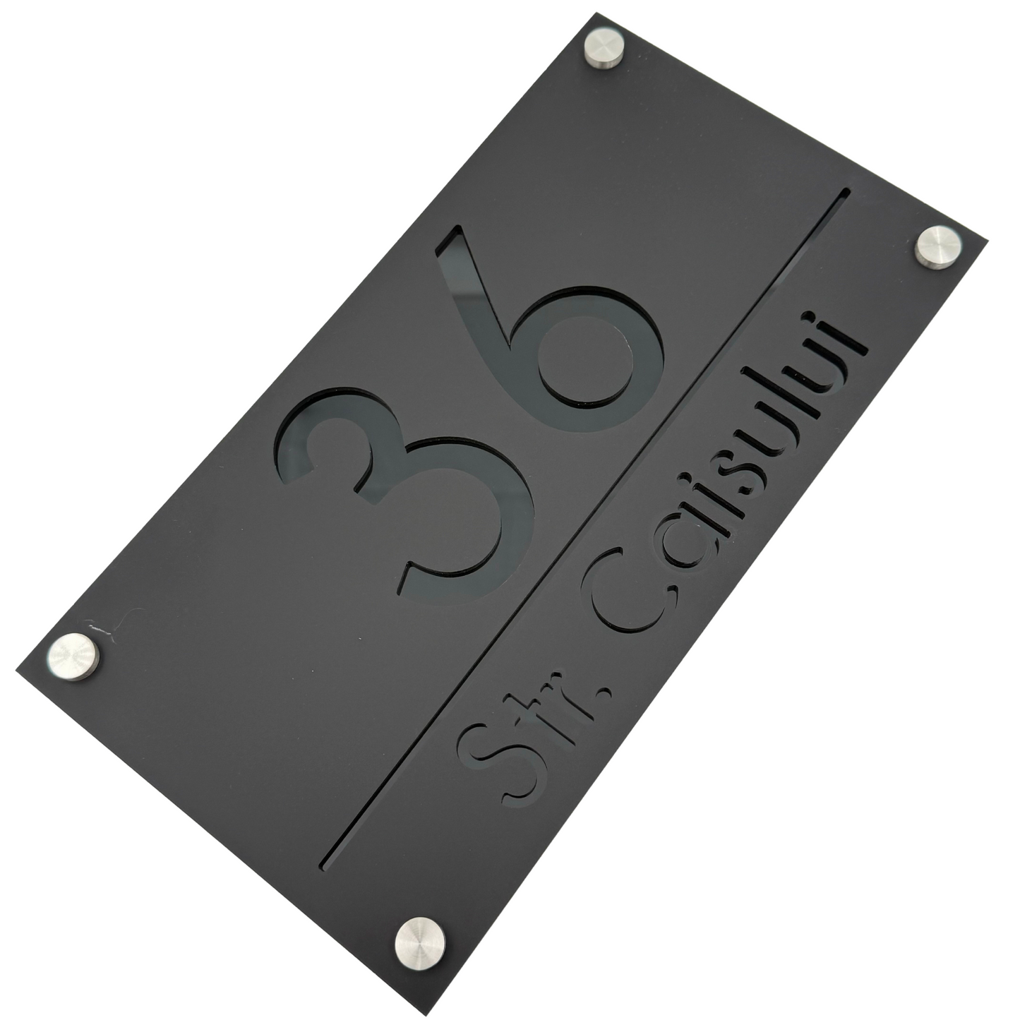 PREMIUM HOUSE NUMBER - Satin Black Glossy Black 4 Spacers Silver - 28×15 cm