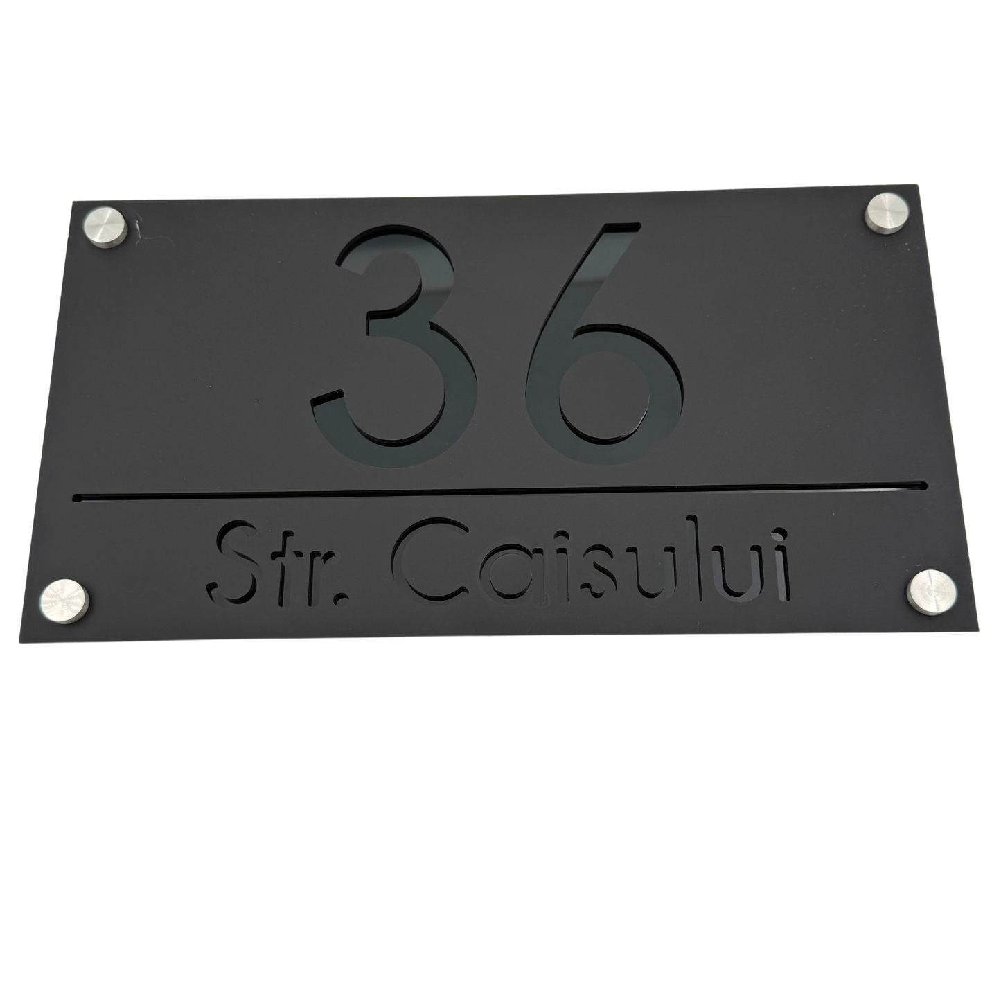 PREMIUM HOUSE NUMBER - Satin Black Glossy Black 4 Spacers Silver - 28×15 cm
