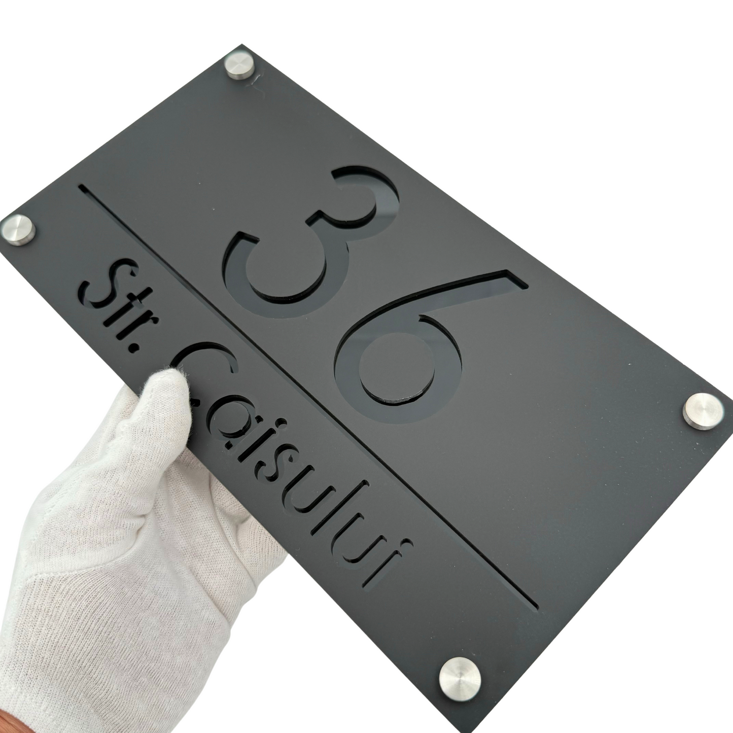 PREMIUM HOUSE NUMBER - Satin Black Glossy Black 4 Spacers Silver - 28×15 cm