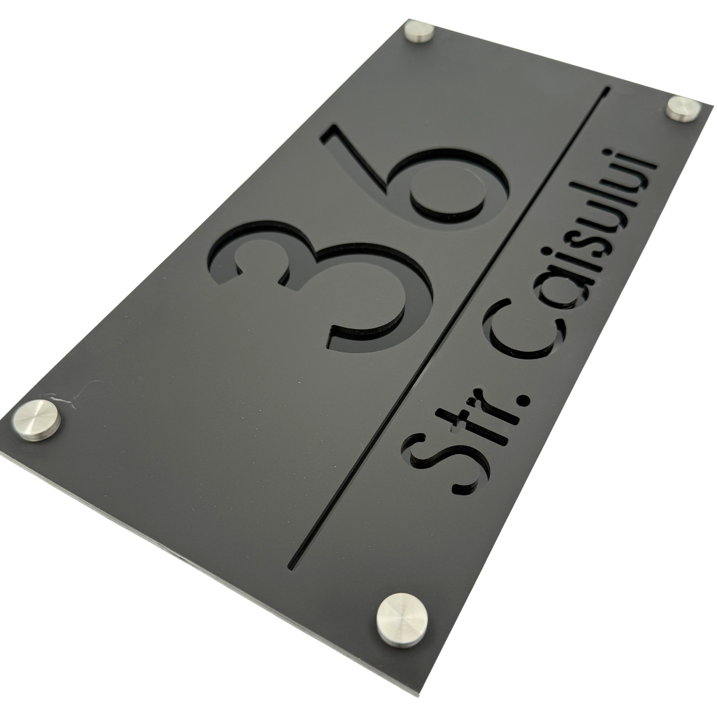 PREMIUM HOUSE NUMBER - Satin Black Glossy Black 4 Spacers Silver - 28×15 cm