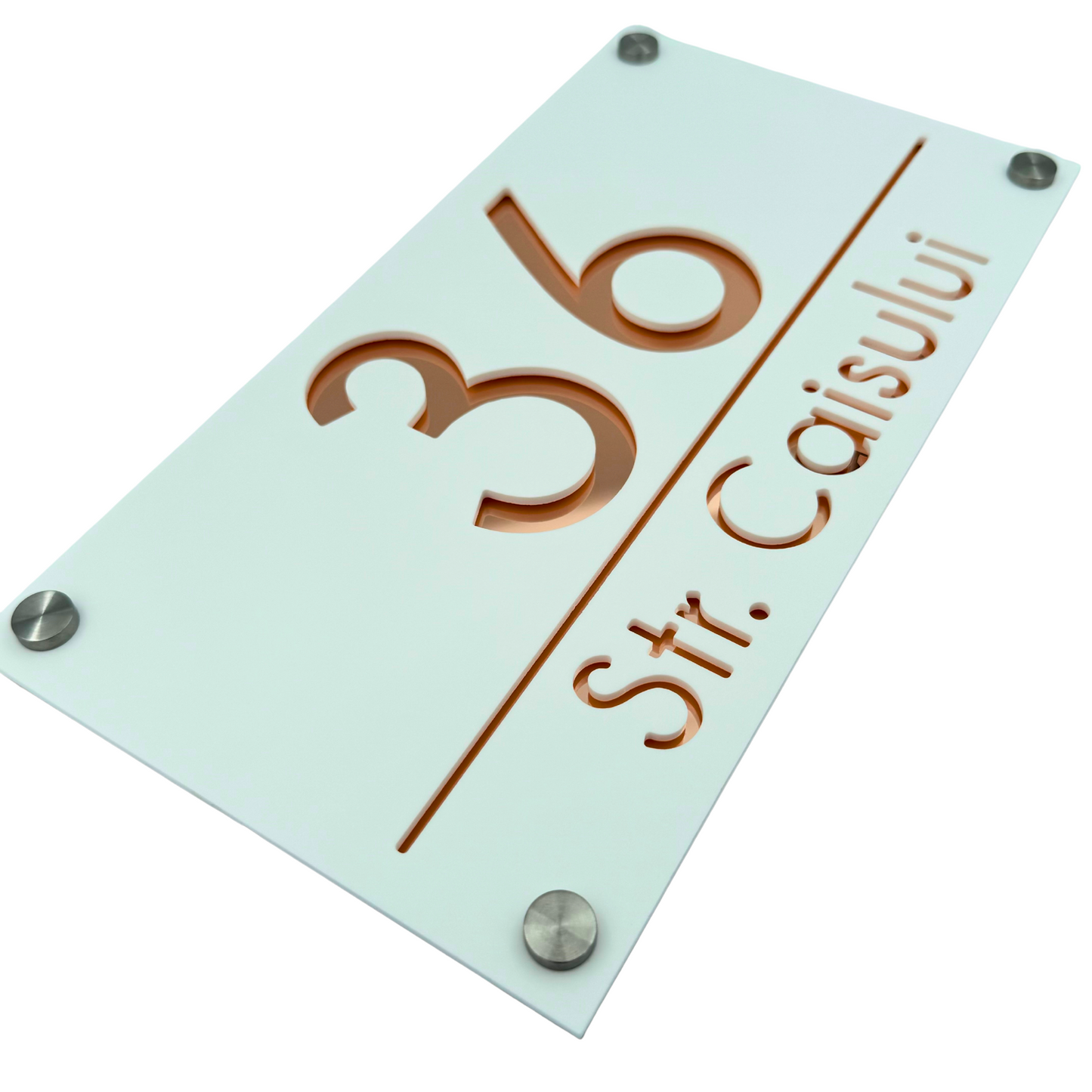 PREMIUM HOUSE NUMBER - White Satin Rose Gold Mirror 4 Spacers Silver - 28×15 cm
