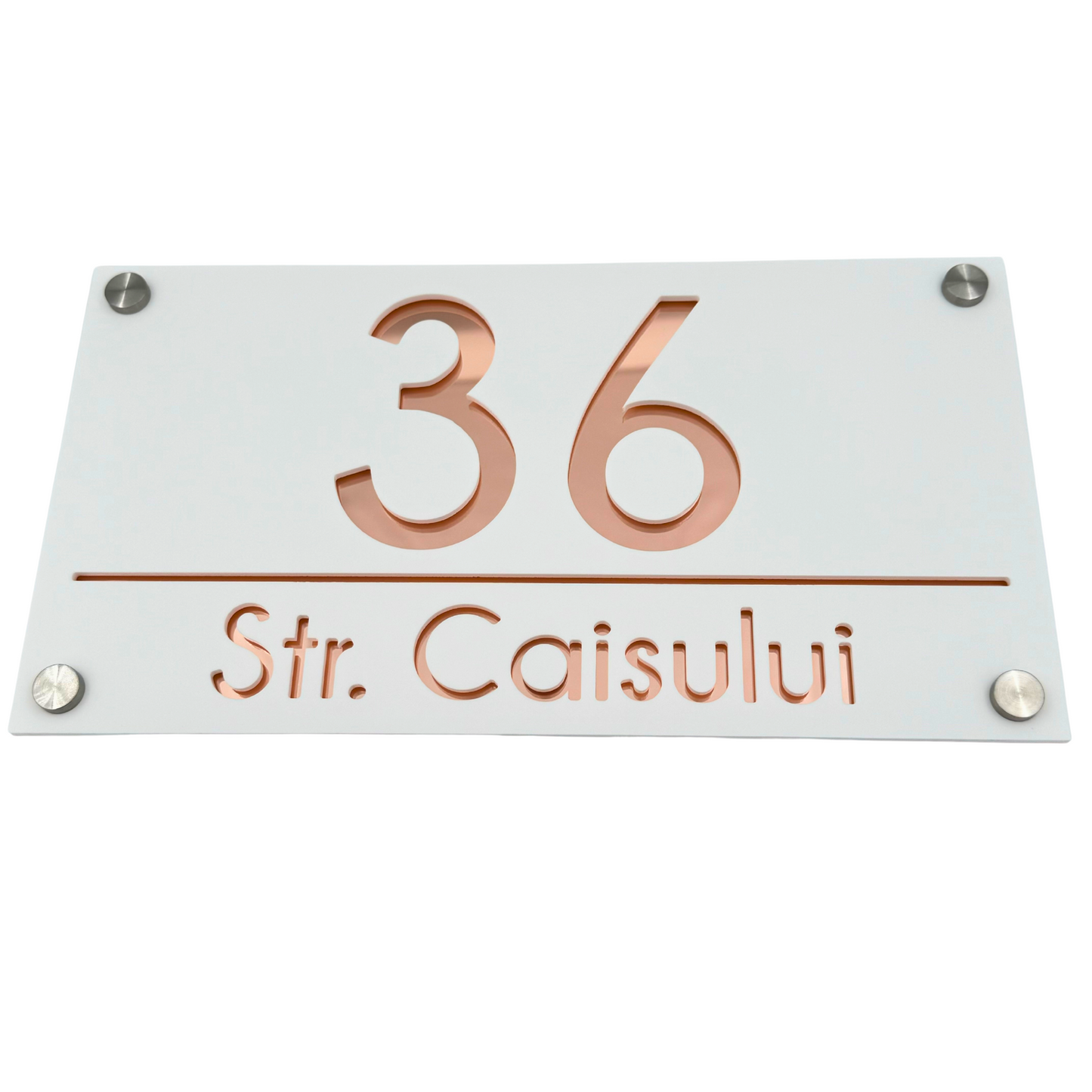 PREMIUM HOUSE NUMBER - White Satin Rose Gold Mirror 4 Spacers Silver - 28×15 cm