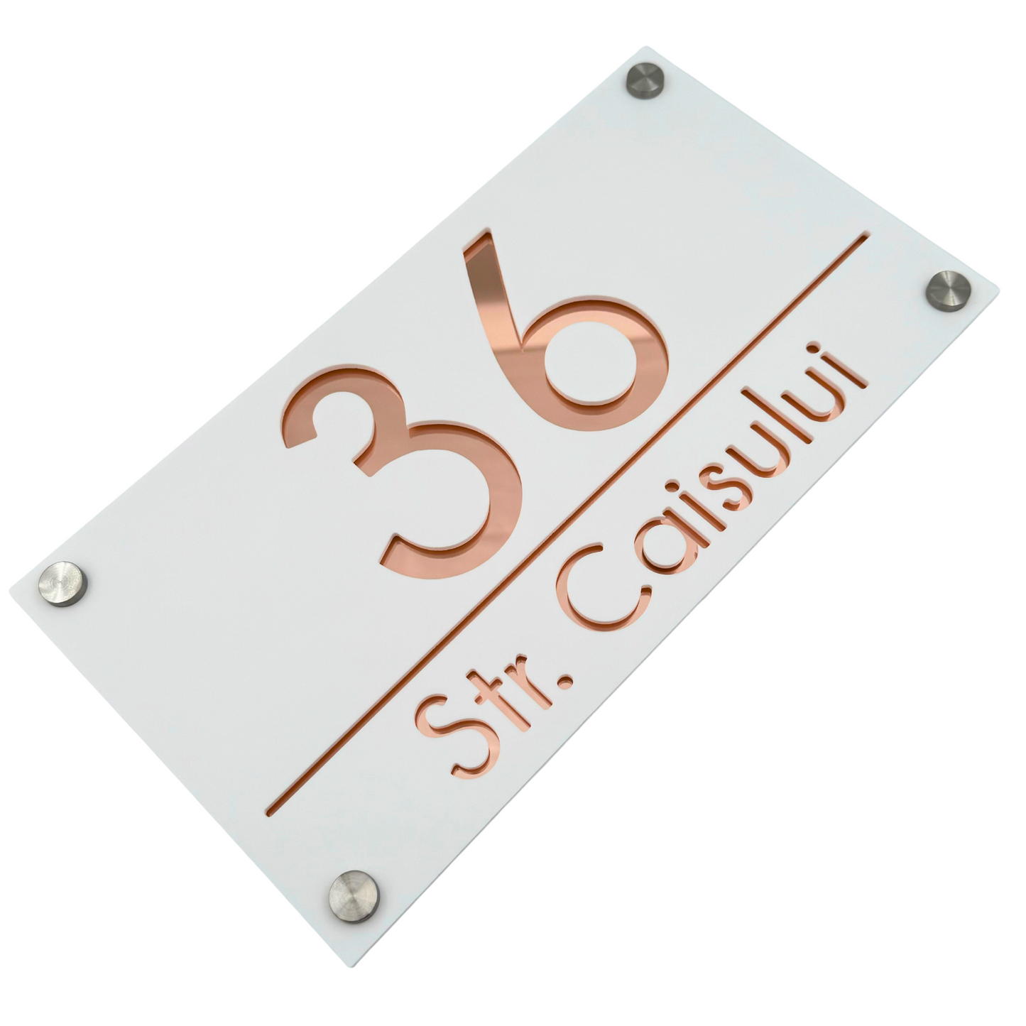 PREMIUM HOUSE NUMBER - White Satin Rose Gold Mirror 4 Spacers Silver - 28×15 cm