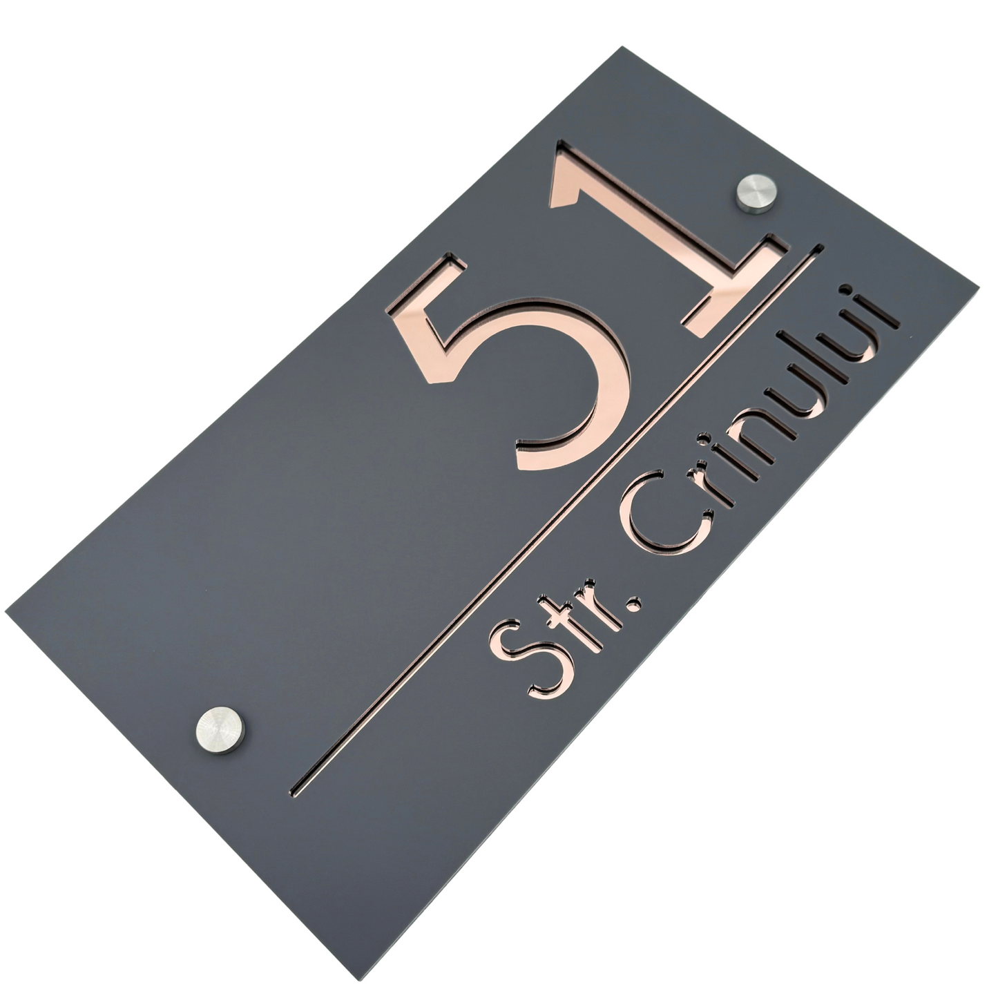 PREMIUM HOUSE NUMBER - Satin Grey Rose Gold Mirror 2 Spacers Silver - 28×15 cm