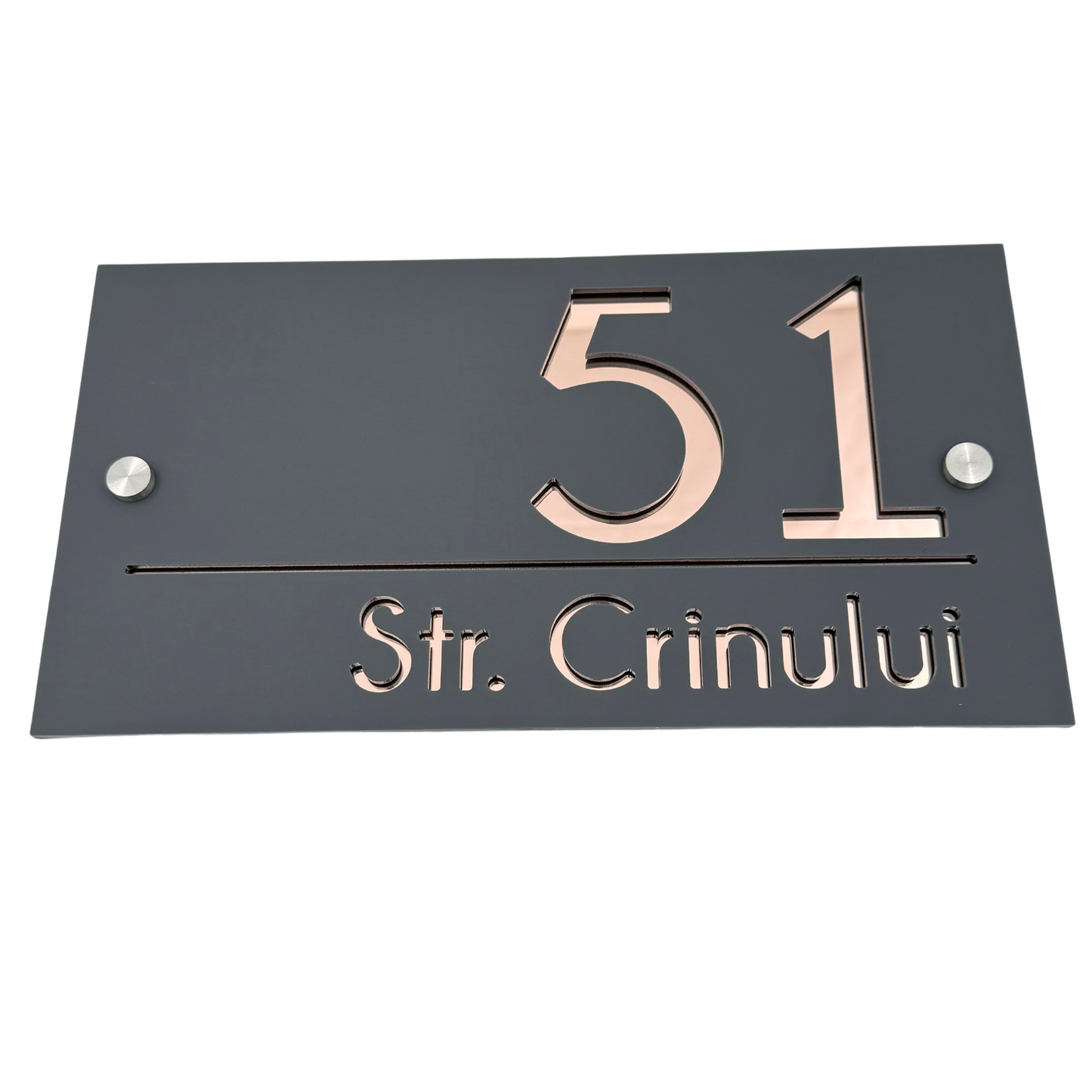 PREMIUM HOUSE NUMBER - Satin Grey Rose Gold Mirror 2 Spacers Silver - 28×15 cm