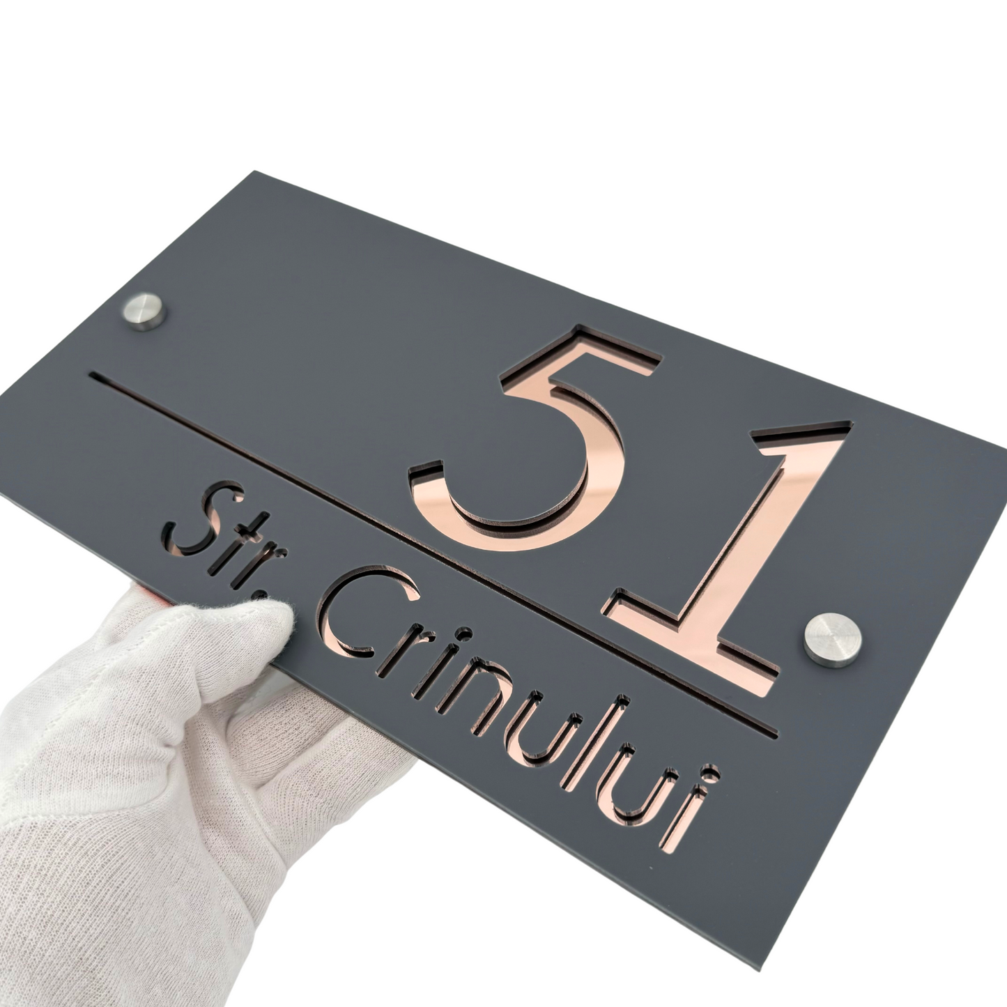 PREMIUM HOUSE NUMBER - Satin Grey Rose Gold Mirror 2 Spacers Silver - 28×15 cm