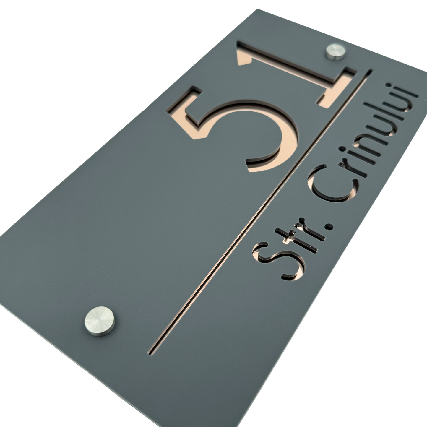 PREMIUM HOUSE NUMBER - Satin Grey Rose Gold Mirror 2 Spacers Silver - 28×15 cm