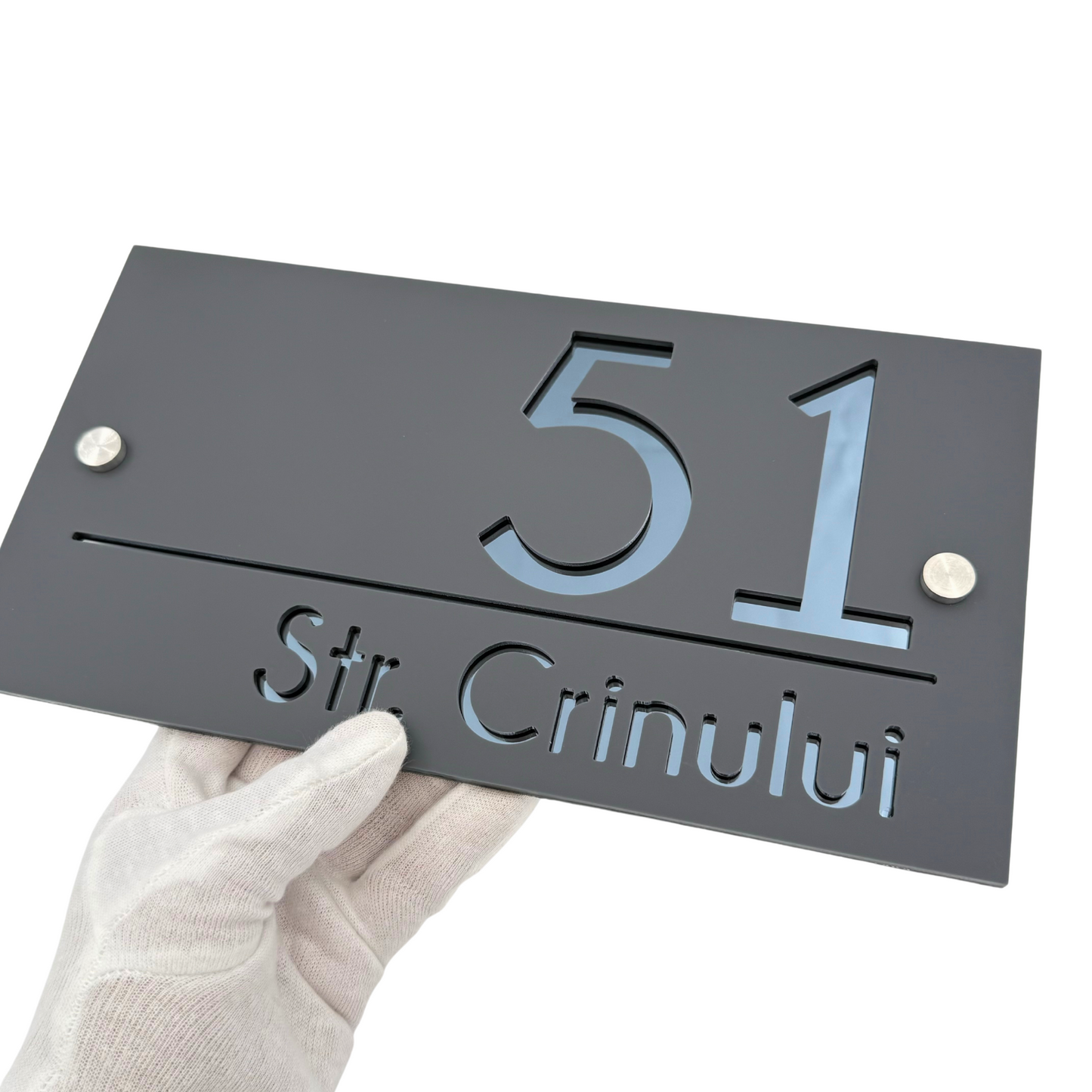 PREMIUM HOUSE NUMBER - Satin Grey Anthracite Grey Mirror 2 Spacers Silver - 28×15 cm