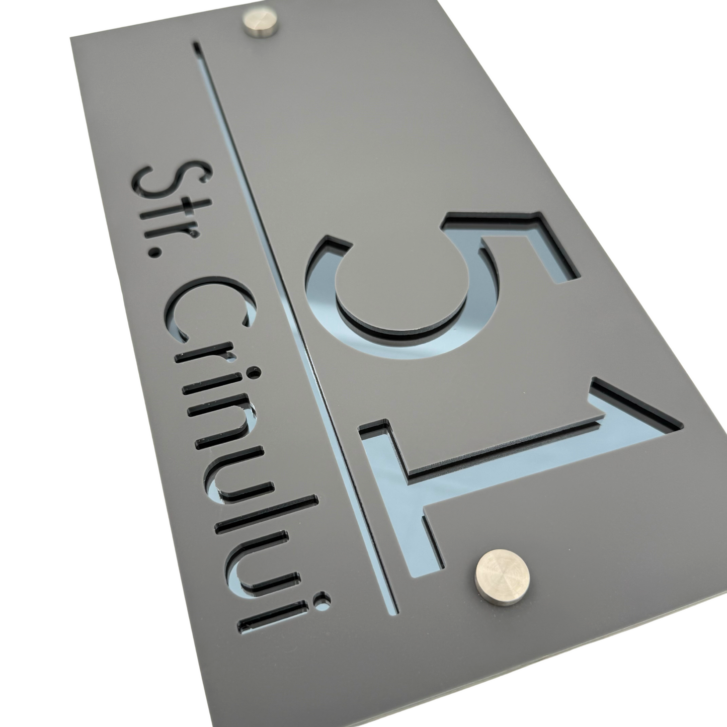 PREMIUM HOUSE NUMBER - Satin Grey Anthracite Grey Mirror 2 Spacers Silver - 28×15 cm