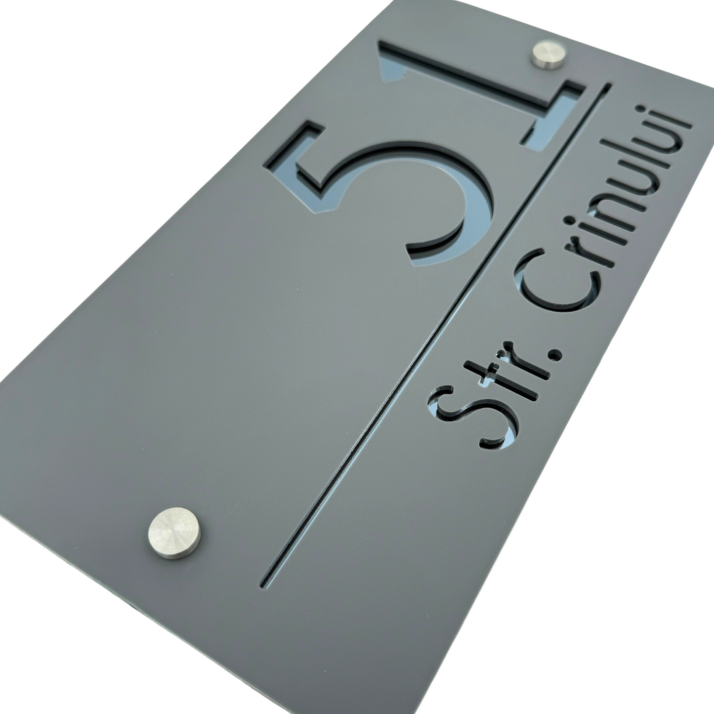 PREMIUM HOUSE NUMBER - Satin Grey Anthracite Grey Mirror 2 Spacers Silver - 28×15 cm