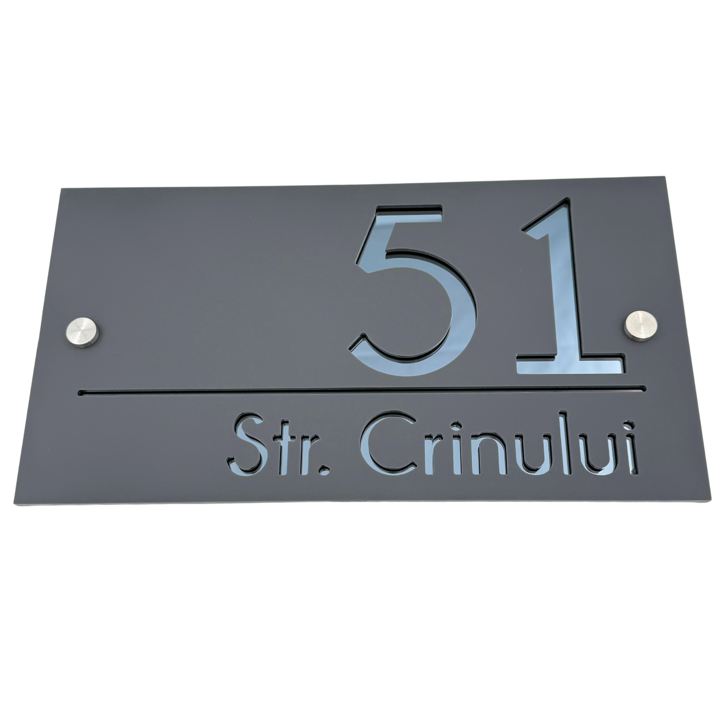 PREMIUM HOUSE NUMBER - Satin Grey Anthracite Grey Mirror 2 Spacers Silver - 28×15 cm