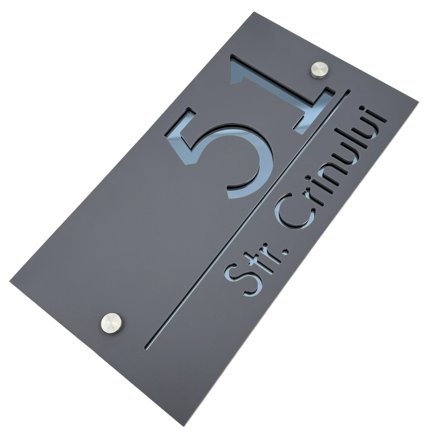 PREMIUM HOUSE NUMBER - Satin Grey Anthracite Grey Mirror 2 Spacers Silver - 28×15 cm