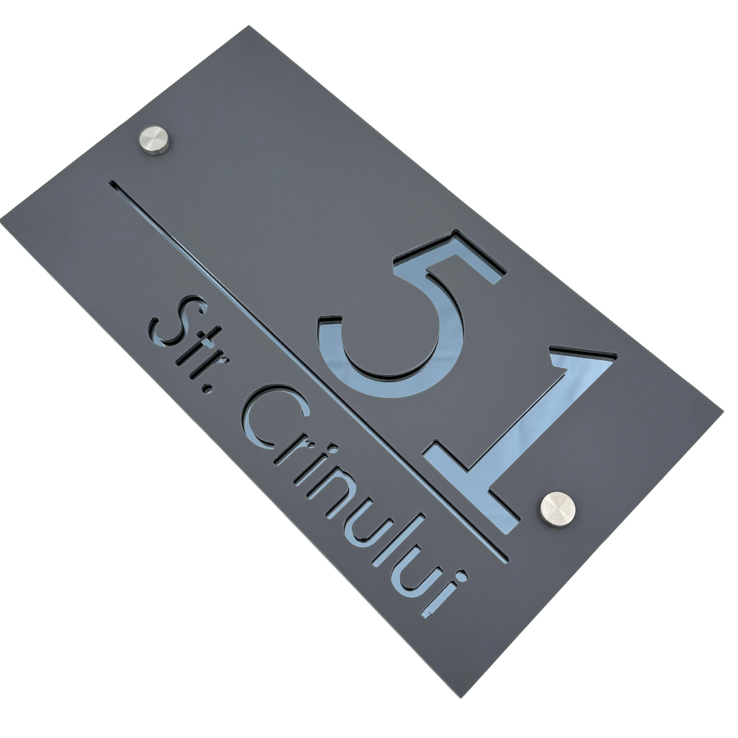 PREMIUM HOUSE NUMBER - Satin Grey Anthracite Grey Mirror 2 Spacers Silver - 28×15 cm