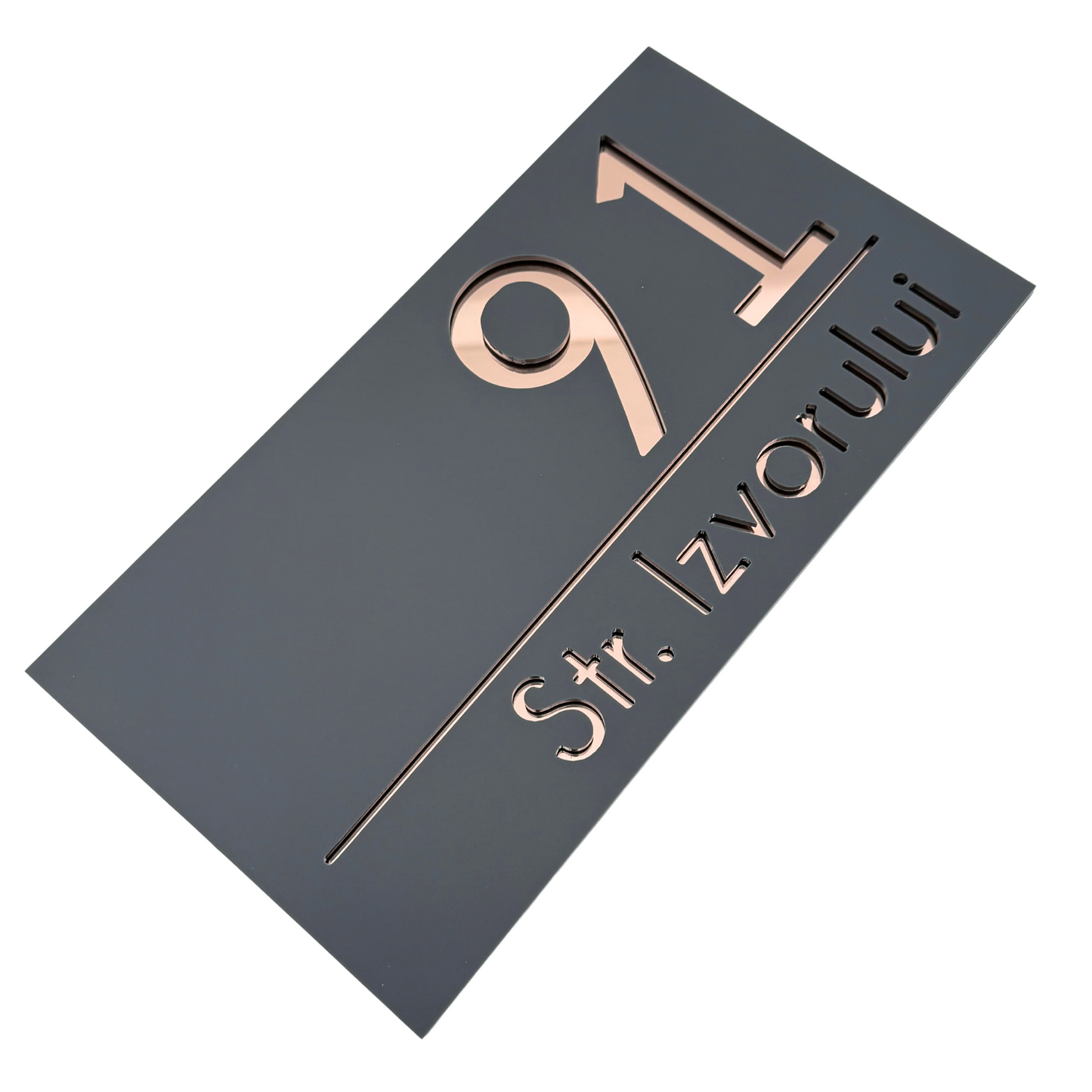 PREMIUM HOUSE NUMBER - Satin Grey Rose Gold Mirror - 28×15 cm