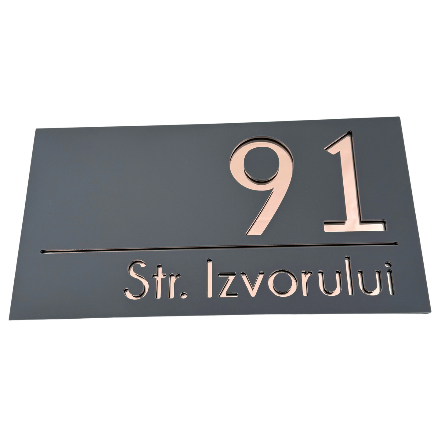PREMIUM HOUSE NUMBER - Satin Grey Rose Gold Mirror - 28×15 cm