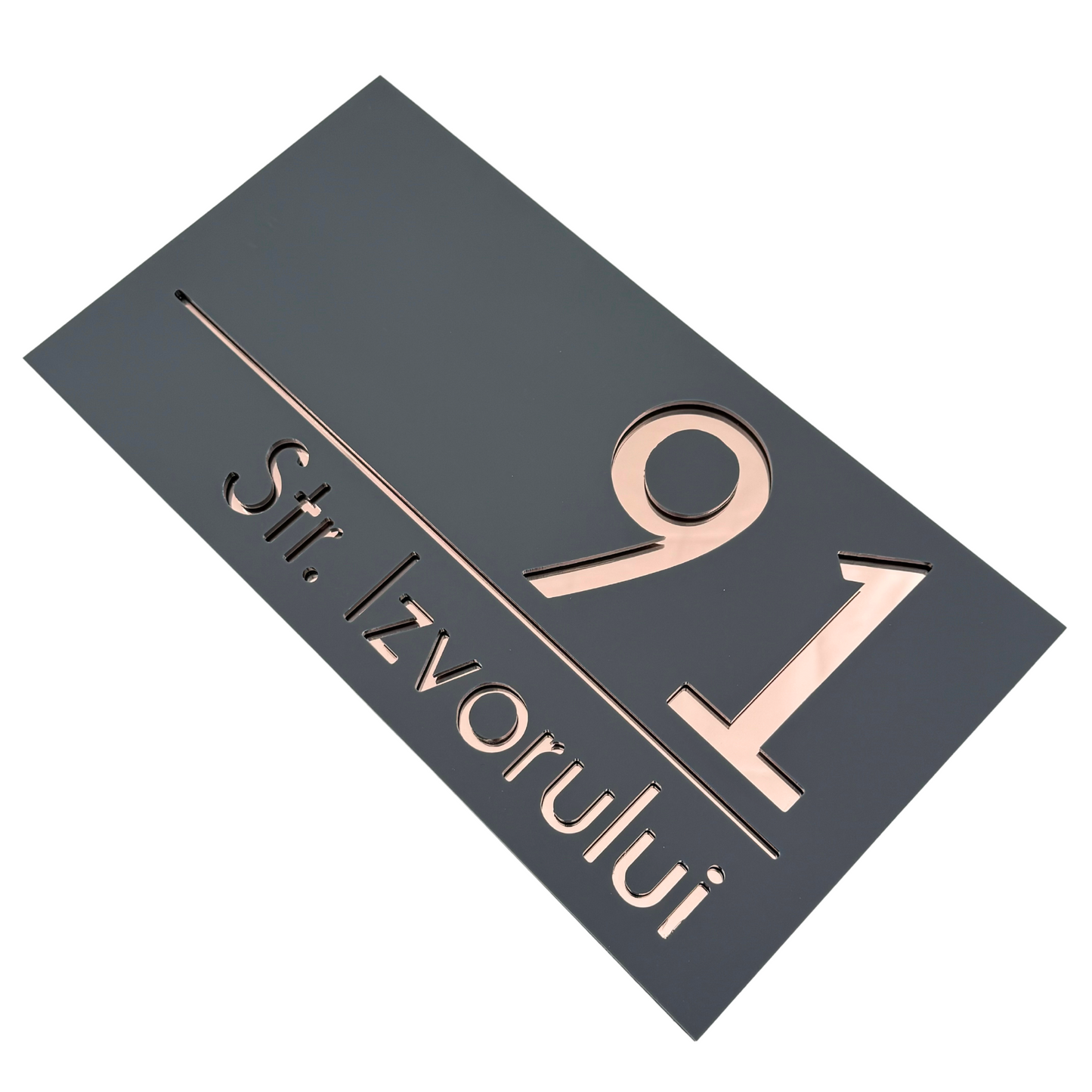 PREMIUM HOUSE NUMBER - Satin Grey Rose Gold Mirror - 28×15 cm