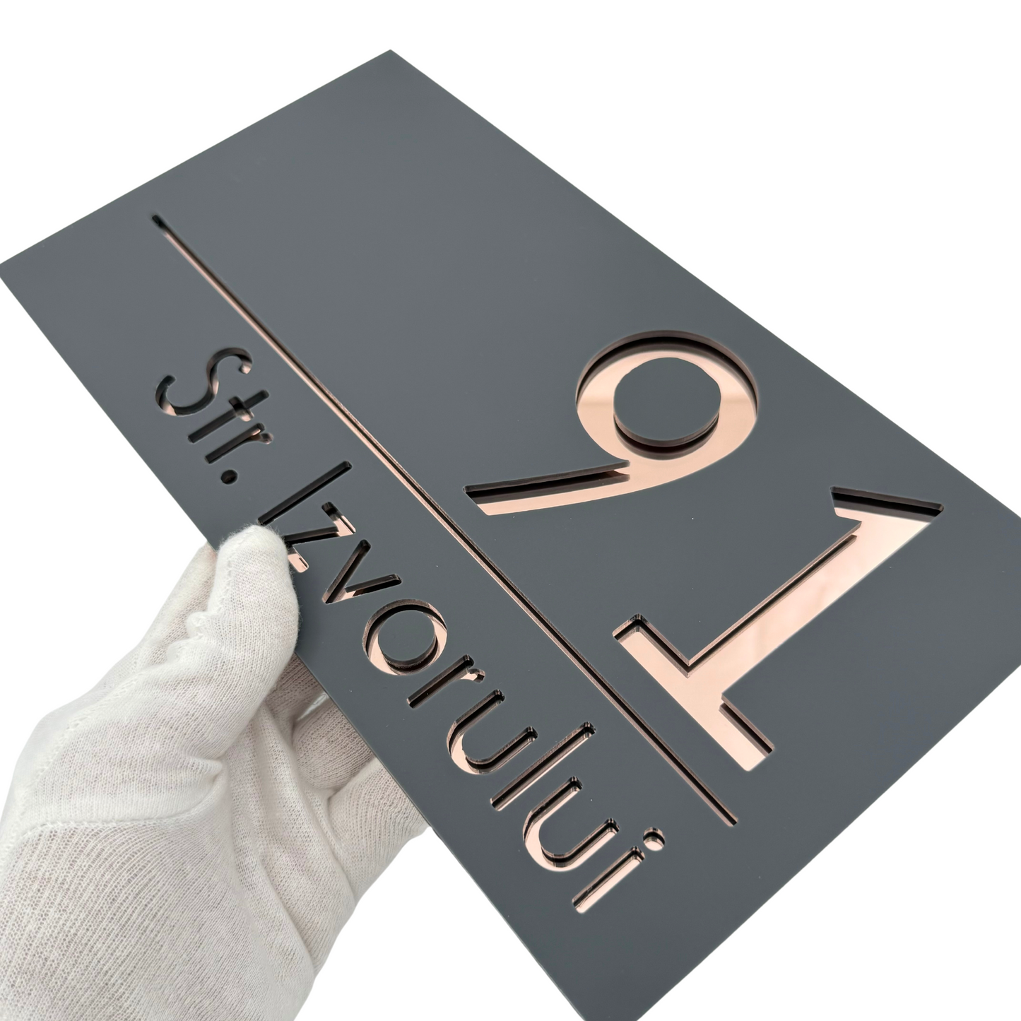 PREMIUM HOUSE NUMBER - Satin Grey Rose Gold Mirror - 28×15 cm
