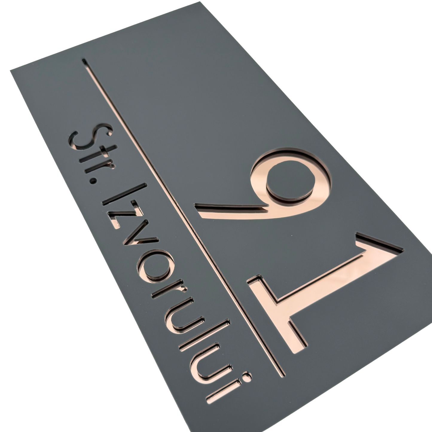 PREMIUM HOUSE NUMBER - Satin Grey Rose Gold Mirror - 28×15 cm