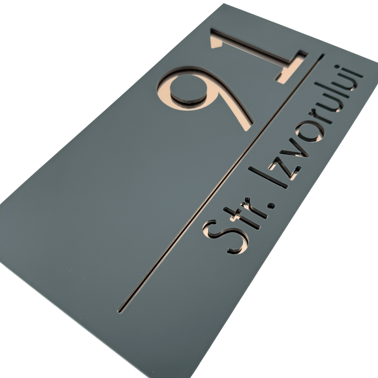 PREMIUM HOUSE NUMBER - Satin Grey Rose Gold Mirror - 28×15 cm