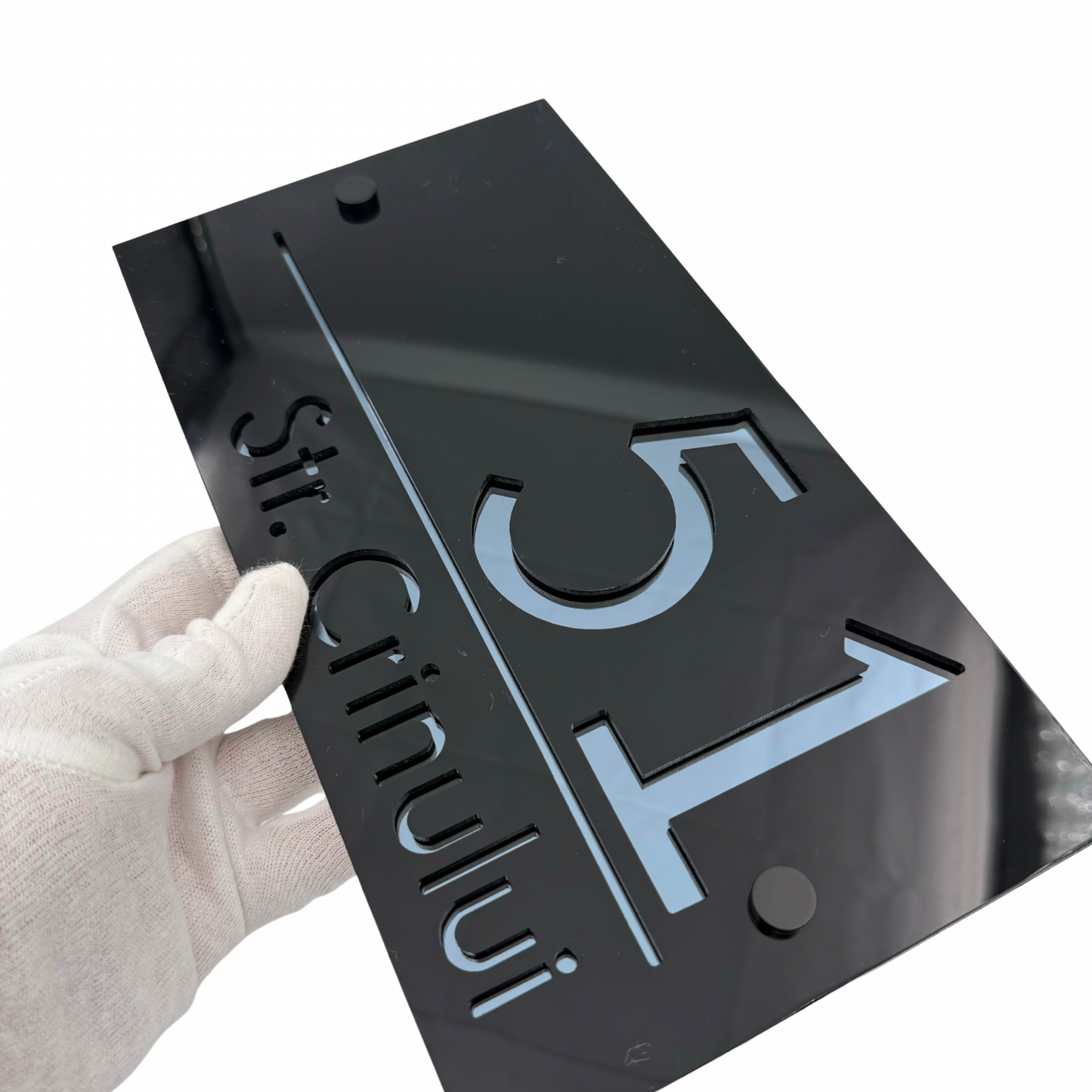 PREMIUM HOUSE NUMBER - Glossy Black Anthracite Grey Mirror 2 Spacers NeGreyi - 28×15 cm