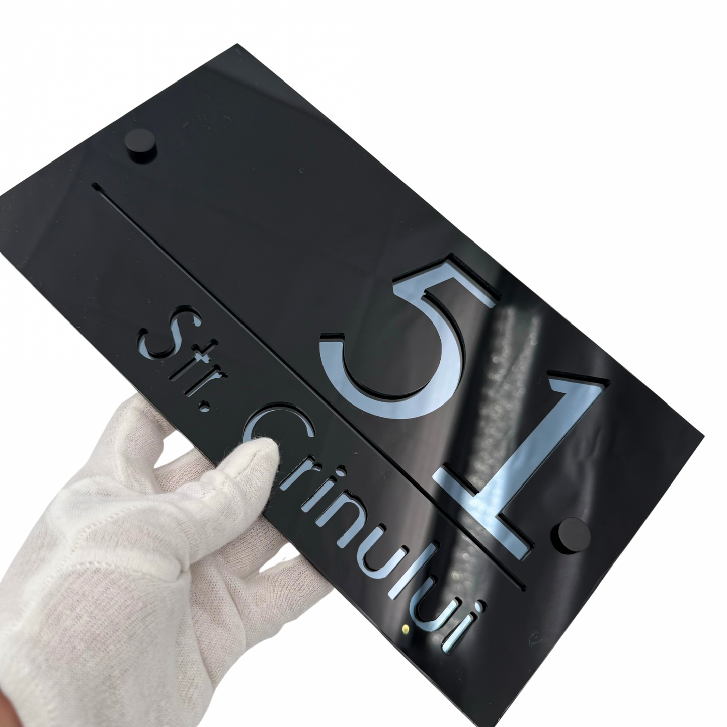 PREMIUM HOUSE NUMBER - Glossy Black Anthracite Grey Mirror 2 Spacers NeGreyi - 28×15 cm