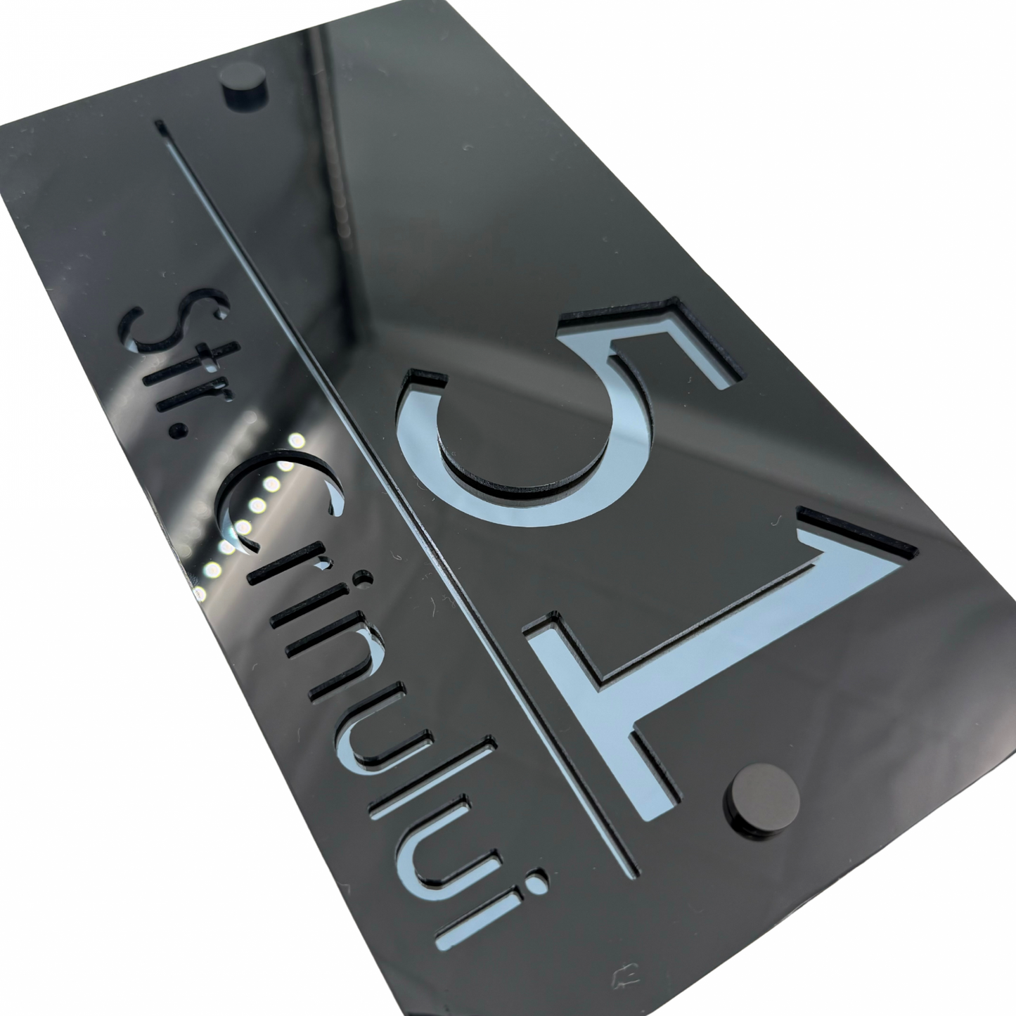PREMIUM HOUSE NUMBER - Glossy Black Anthracite Grey Mirror 2 Spacers NeGreyi - 28×15 cm