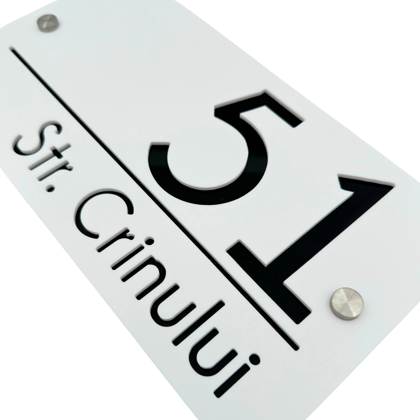 PREMIUM HOUSE NUMBER - White Satin Glossy Black 2 Spacers Silver - 28×15 cm