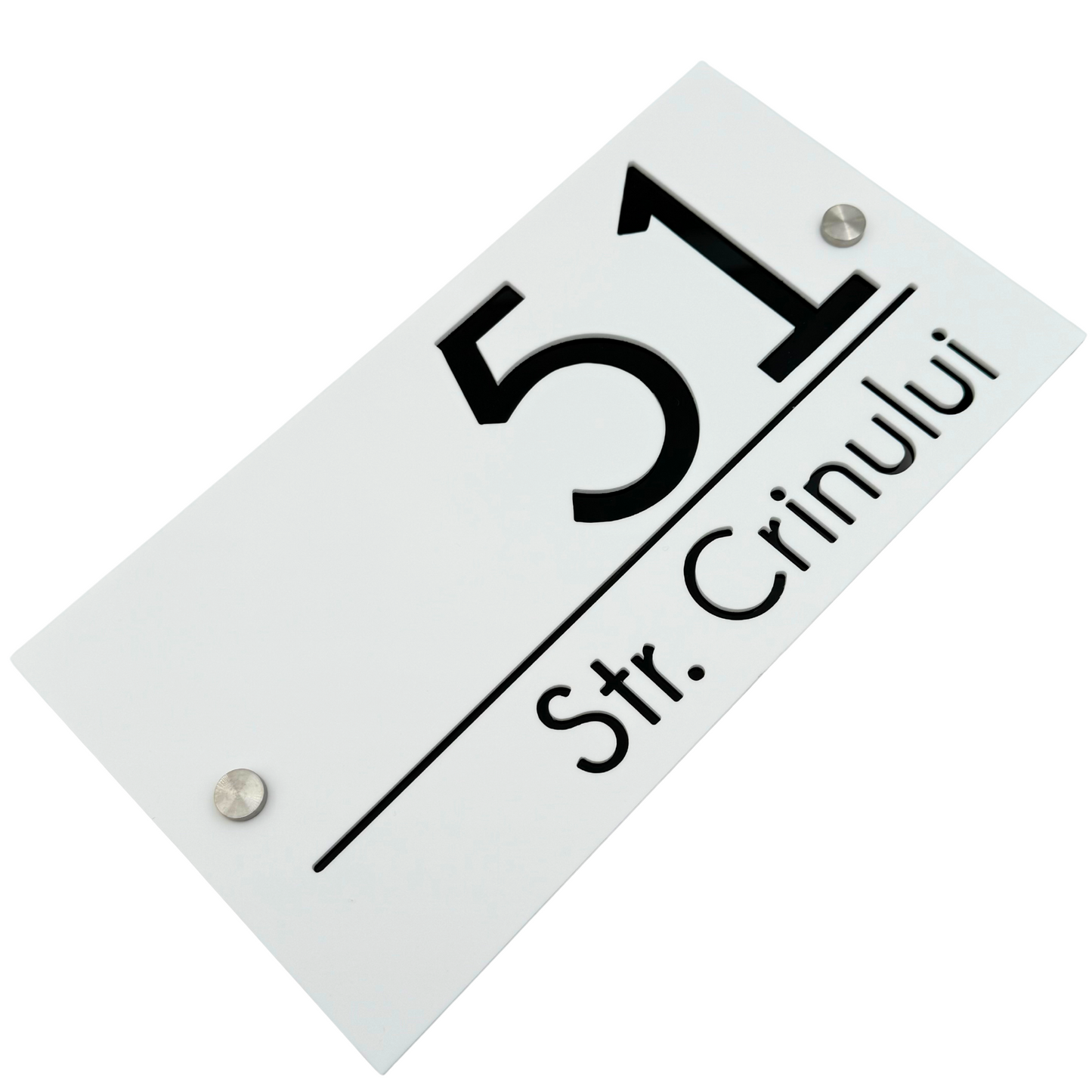 PREMIUM HOUSE NUMBER - White Satin Glossy Black 2 Spacers Silver - 28×15 cm