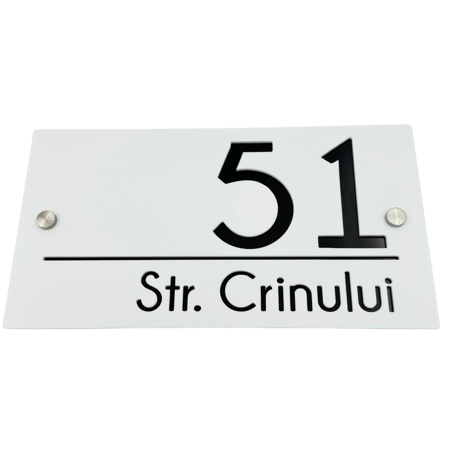PREMIUM HOUSE NUMBER - White Satin Glossy Black 2 Spacers Silver - 28×15 cm