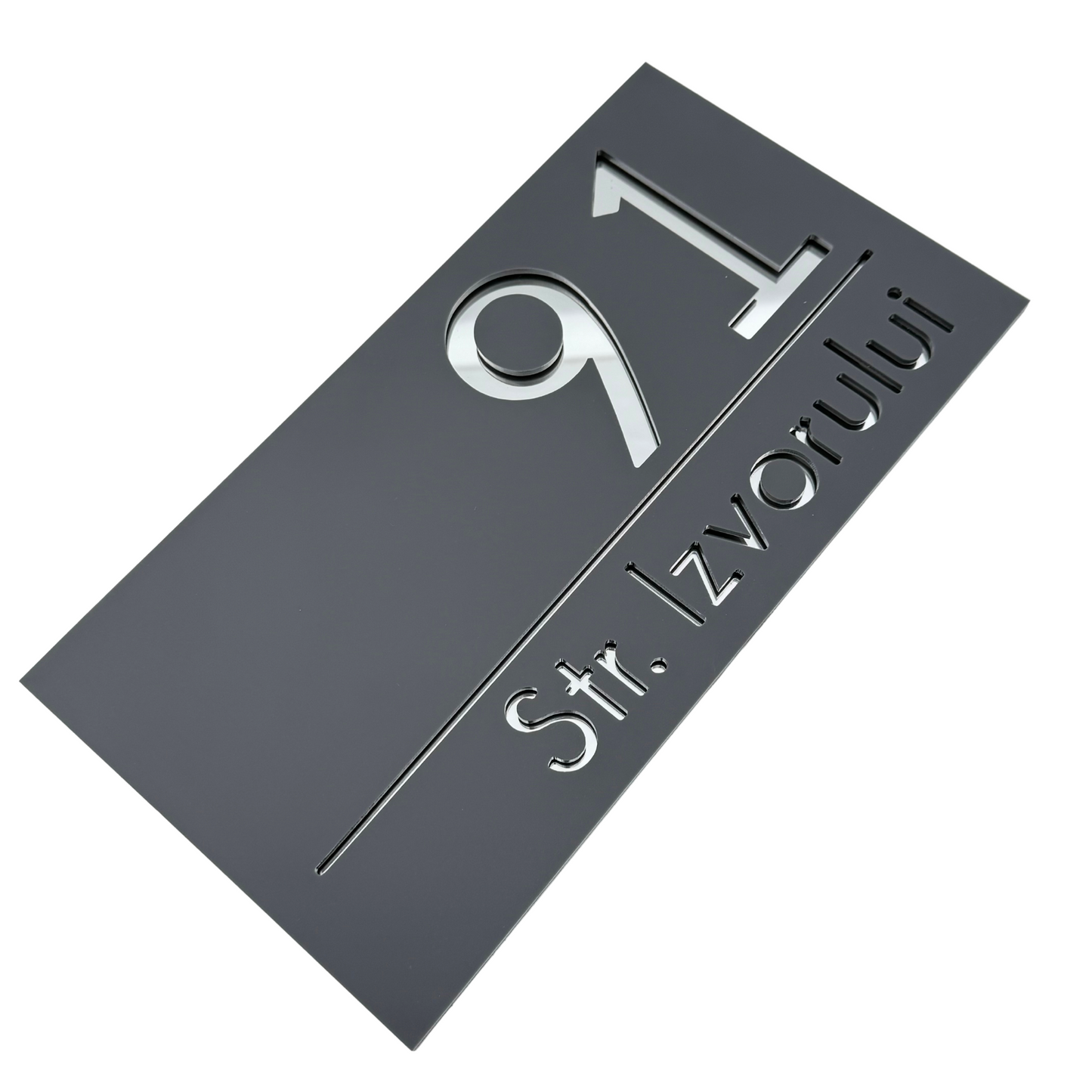 PREMIUM HOUSE NUMBER - Satin Grey Silver Mirror - 28×15 cm