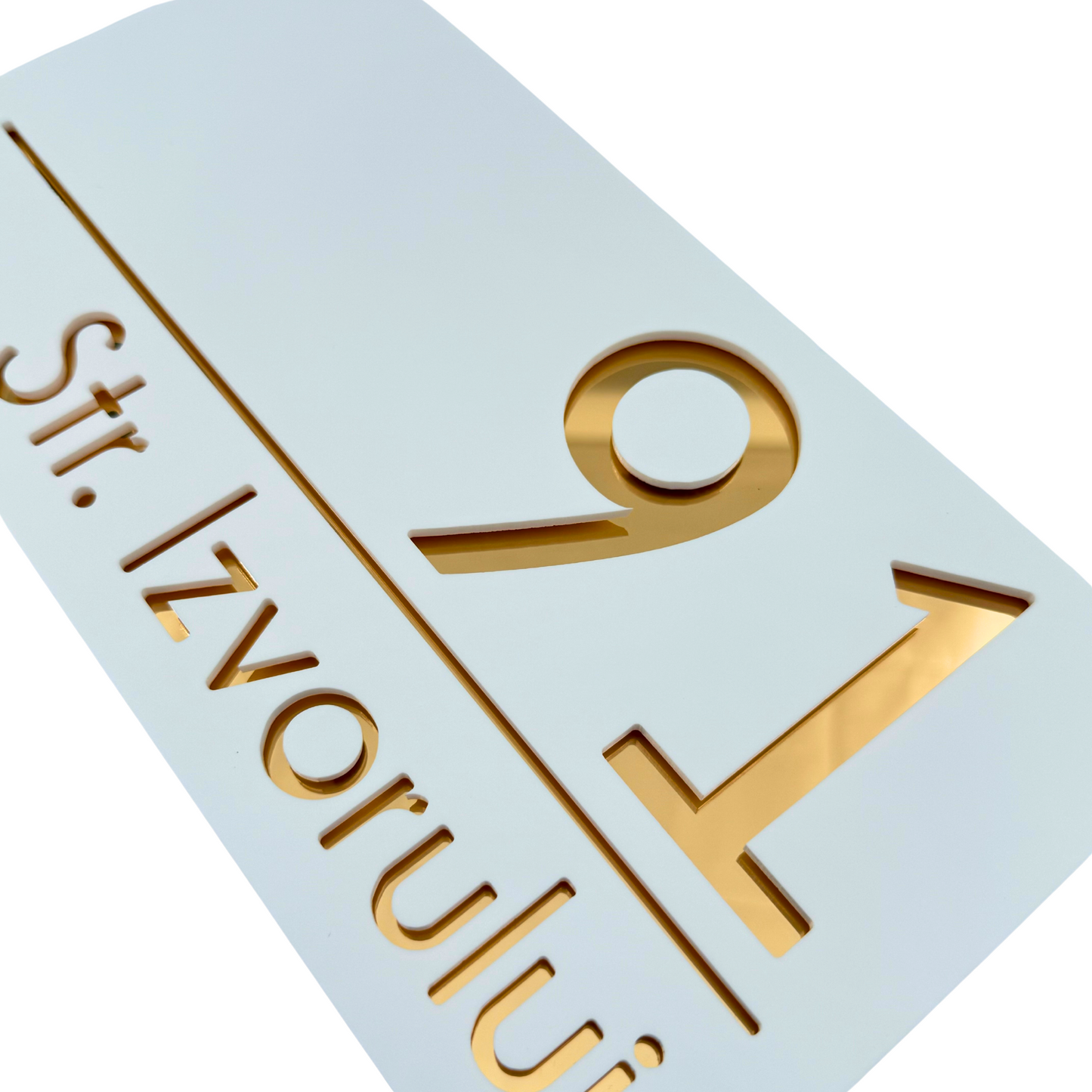 PREMIUM HOUSE NUMBER - White Satin Gold Mirror - 28×15 cm