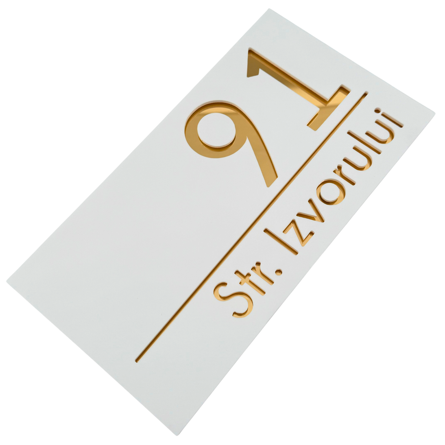 PREMIUM HOUSE NUMBER - White Satin Gold Mirror - 28×15 cm