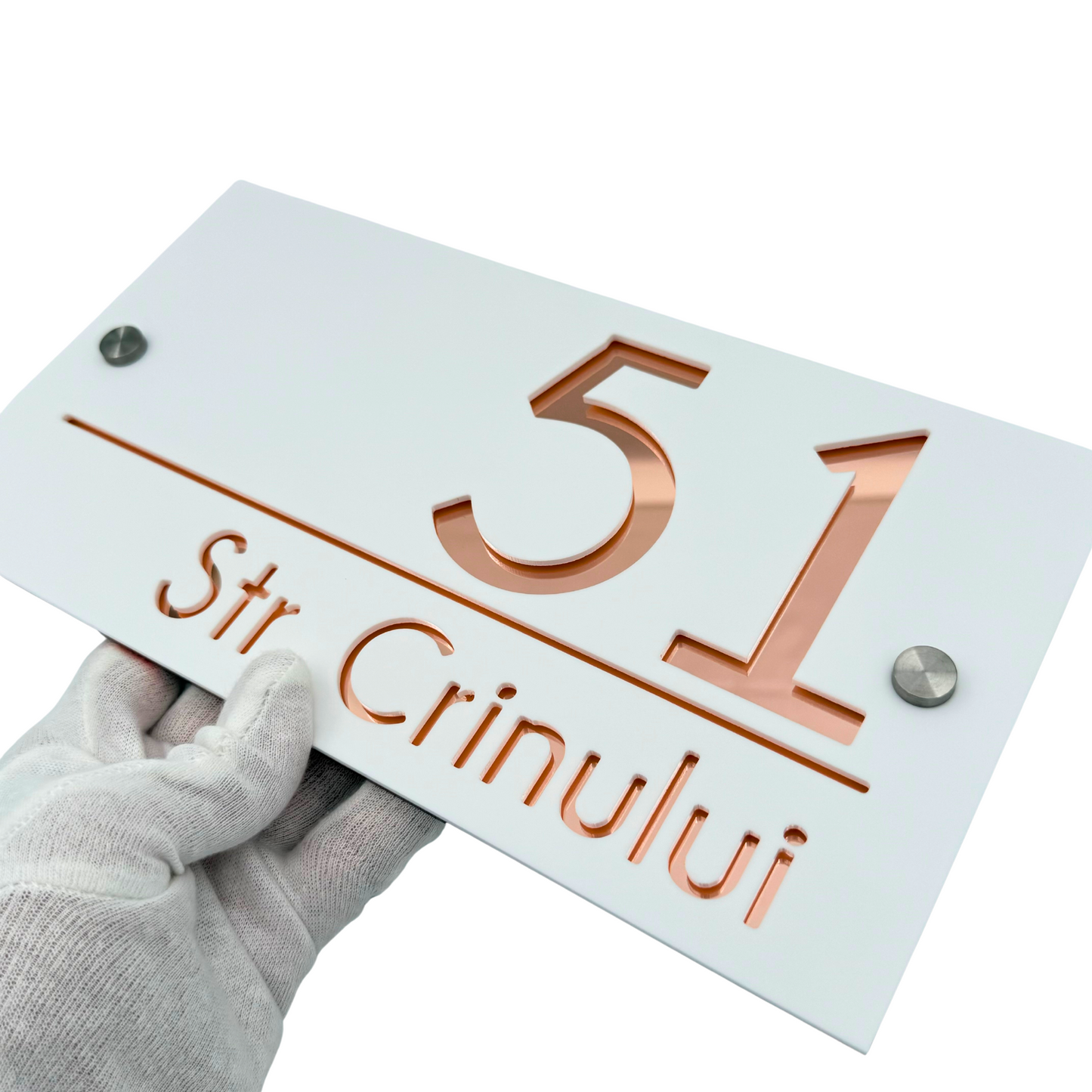 PREMIUM HOUSE NUMBER - White Satin Rose Gold Mirror 2 Spacers Silver - 28×15 cm