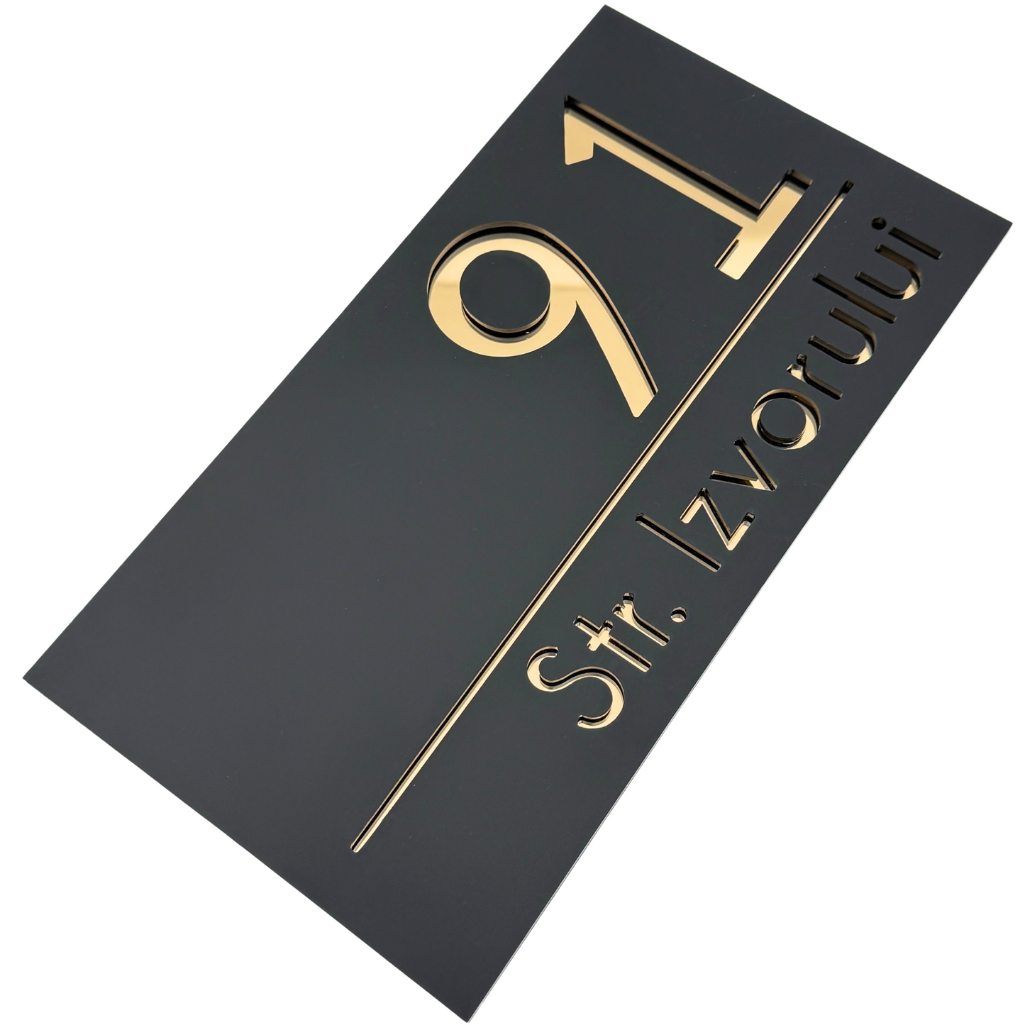 PREMIUM HOUSE NUMBER - Satin Black Gold Mirror - 28×15 cm