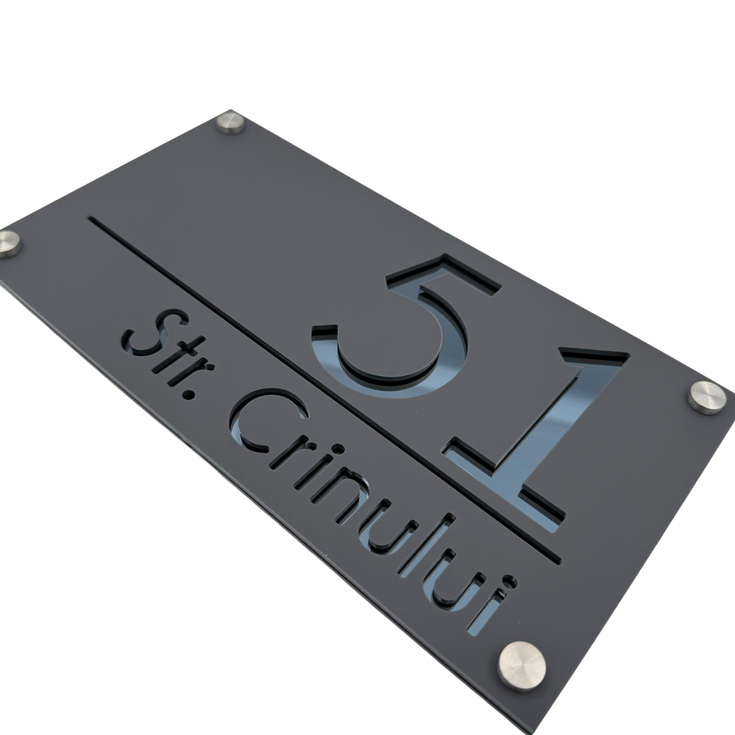 PREMIUM HOUSE NUMBER - Satin Grey Anthracite Grey Mirror 4 Spacers Silver - 28×15 cm