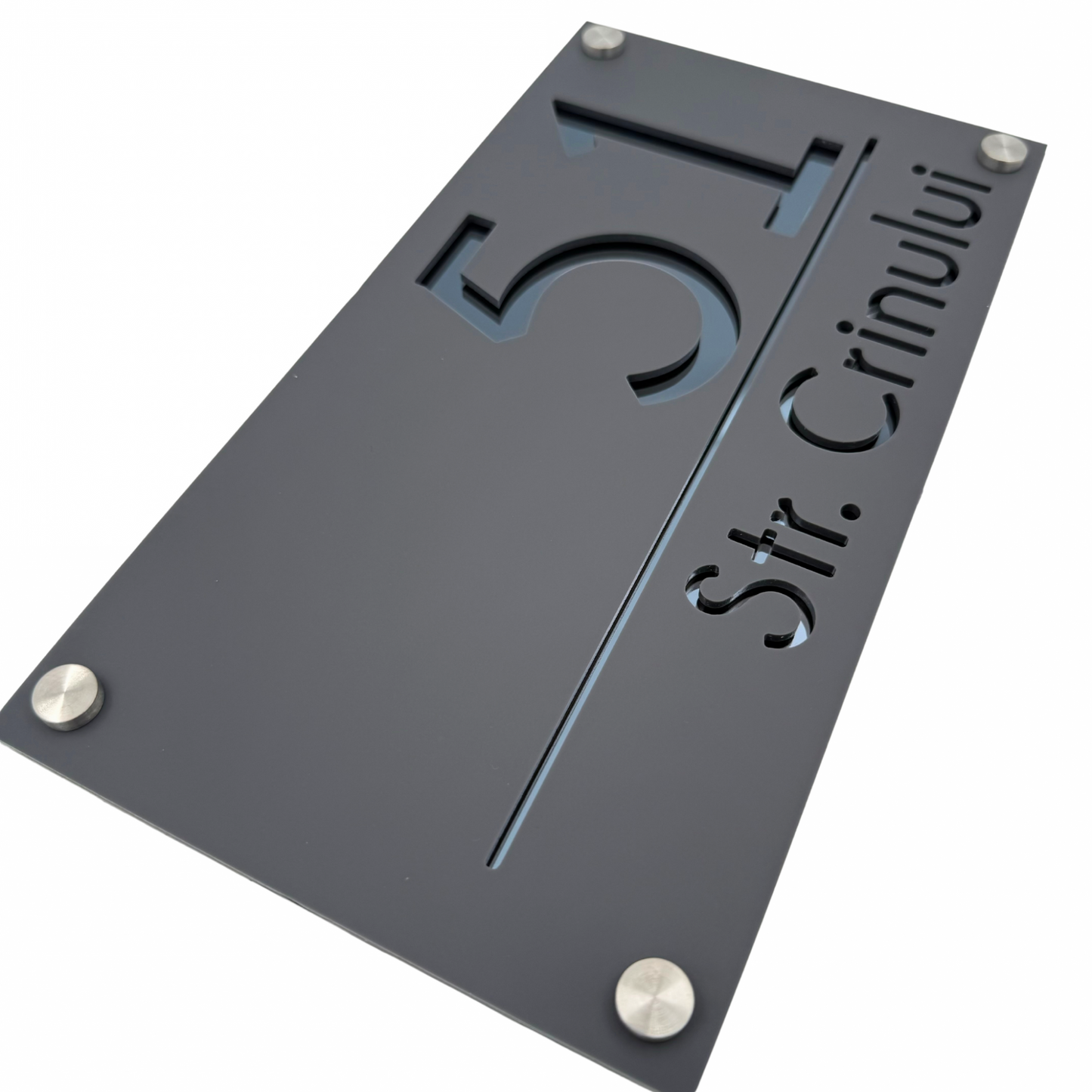 PREMIUM HOUSE NUMBER - Satin Grey Anthracite Grey Mirror 4 Spacers Silver - 28×15 cm