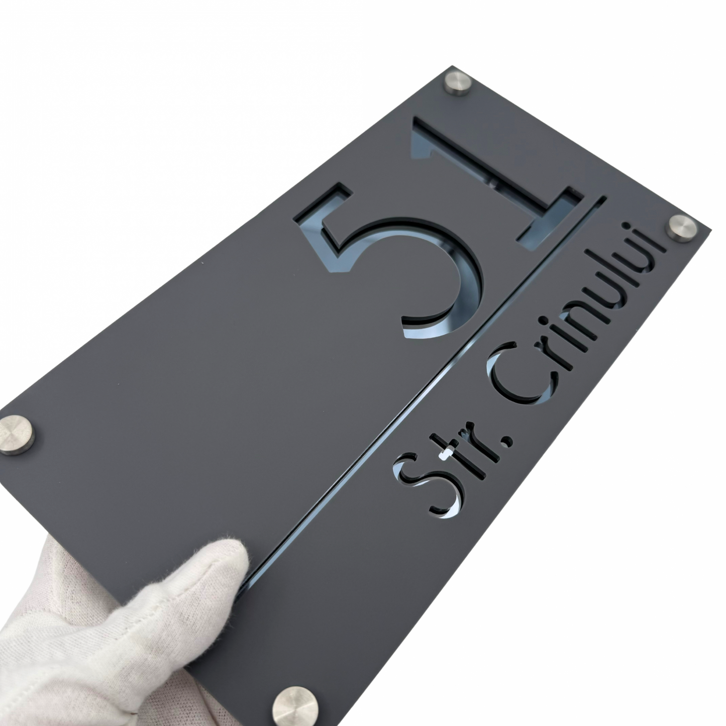 PREMIUM HOUSE NUMBER - Satin Grey Anthracite Grey Mirror 4 Spacers Silver - 28×15 cm
