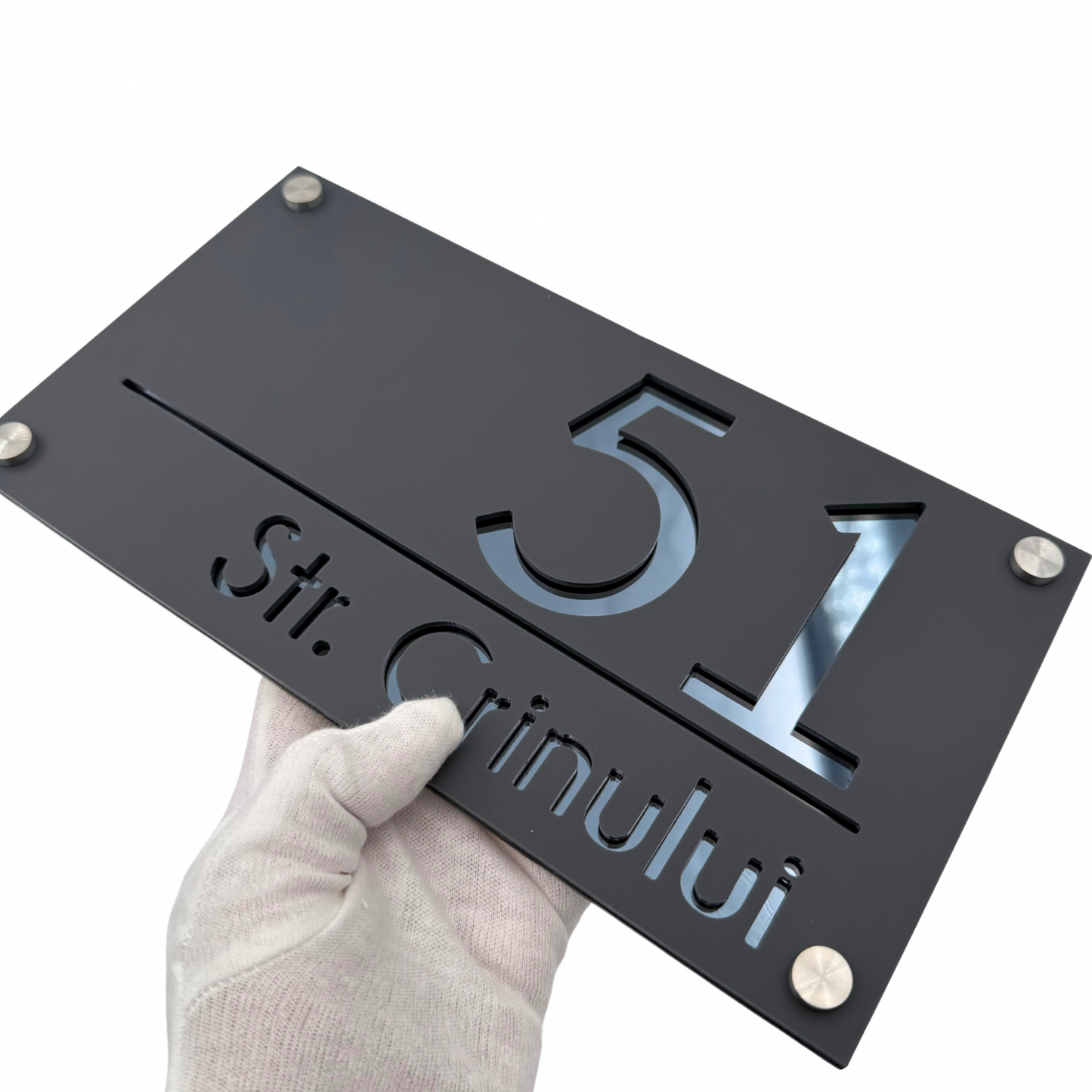 PREMIUM HOUSE NUMBER - Satin Grey Anthracite Grey Mirror 4 Spacers Silver - 28×15 cm