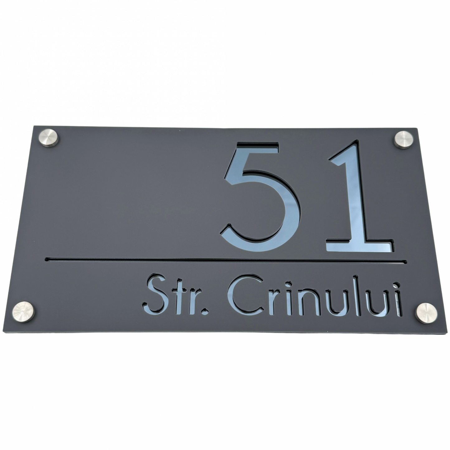 PREMIUM HOUSE NUMBER - Satin Grey Anthracite Grey Mirror 4 Spacers Silver - 28×15 cm