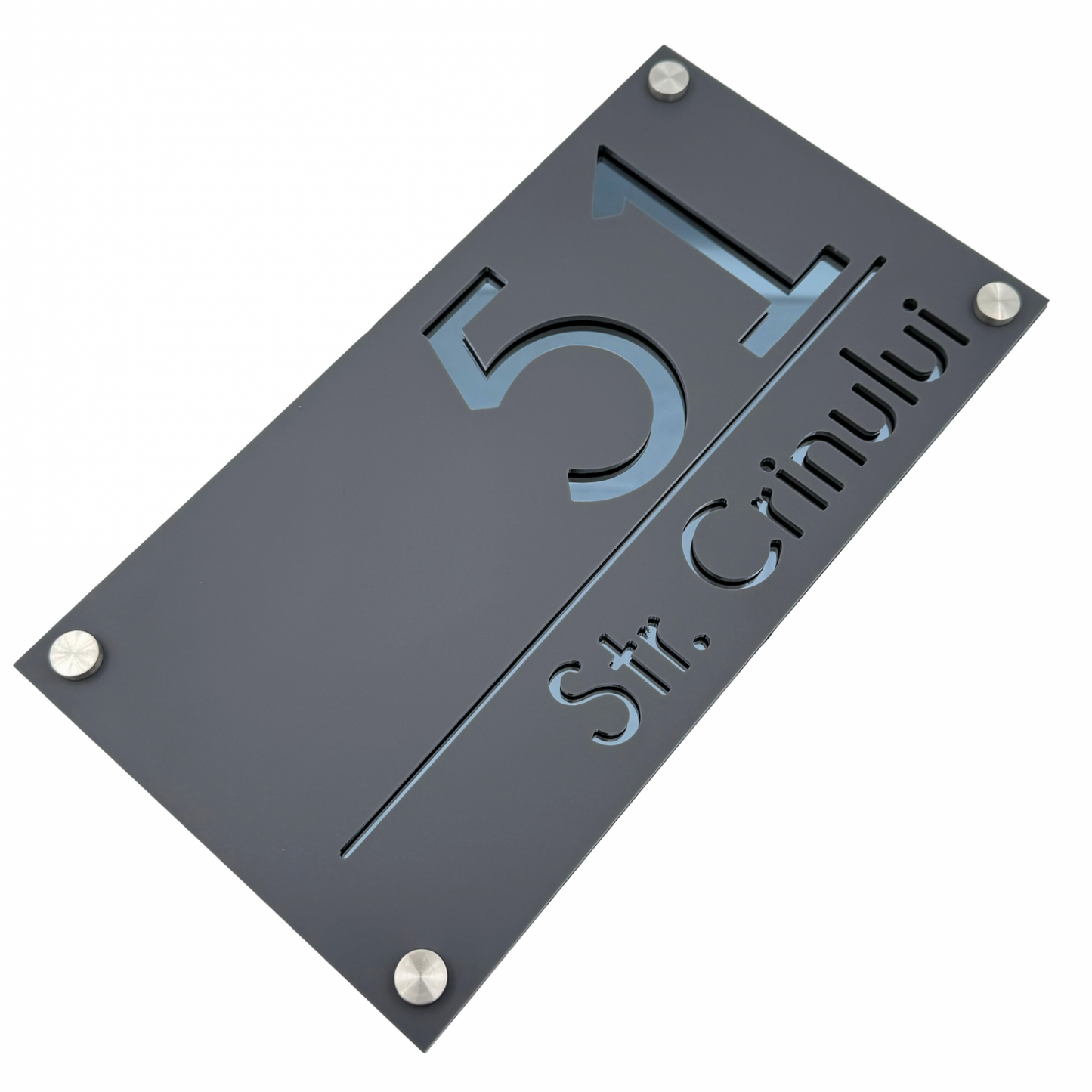 PREMIUM HOUSE NUMBER - Satin Grey Anthracite Grey Mirror 4 Spacers Silver - 28×15 cm