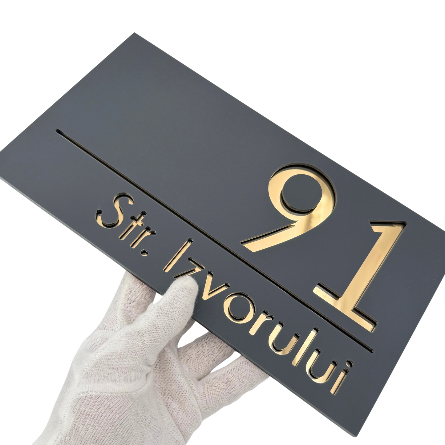 PREMIUM HOUSE NUMBER - Satin Grey Gold Mirror - 28×15 cm