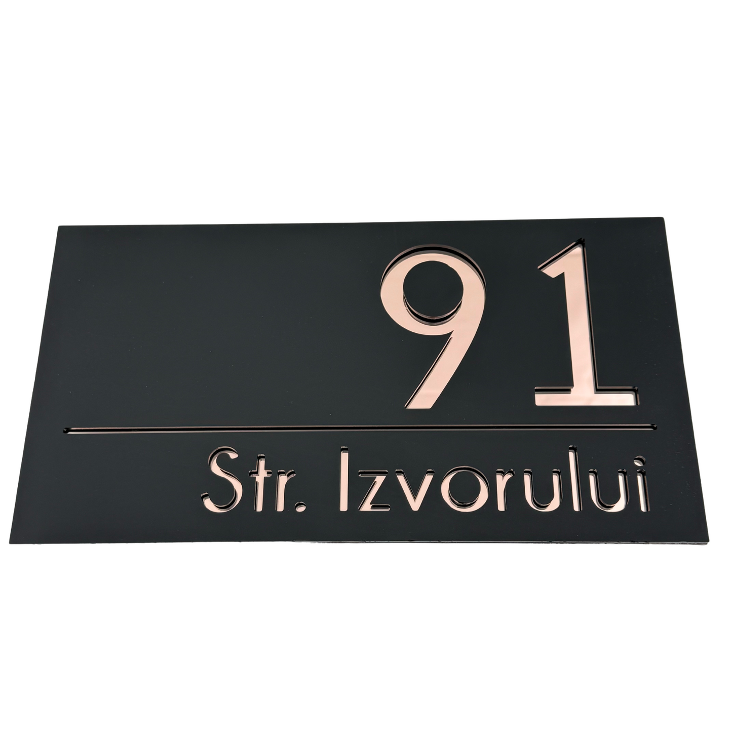 PREMIUM HOUSE NUMBER - Satin Black Rose Gold Mirror - 28×15 cm