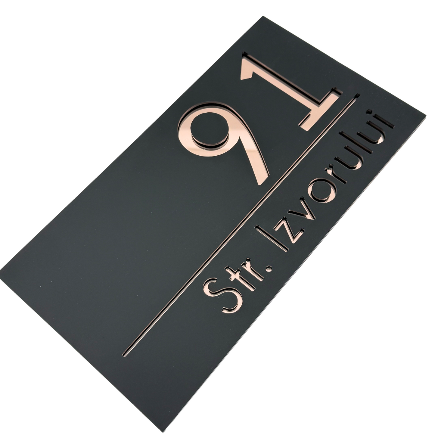 PREMIUM HOUSE NUMBER - Satin Black Rose Gold Mirror - 28×15 cm