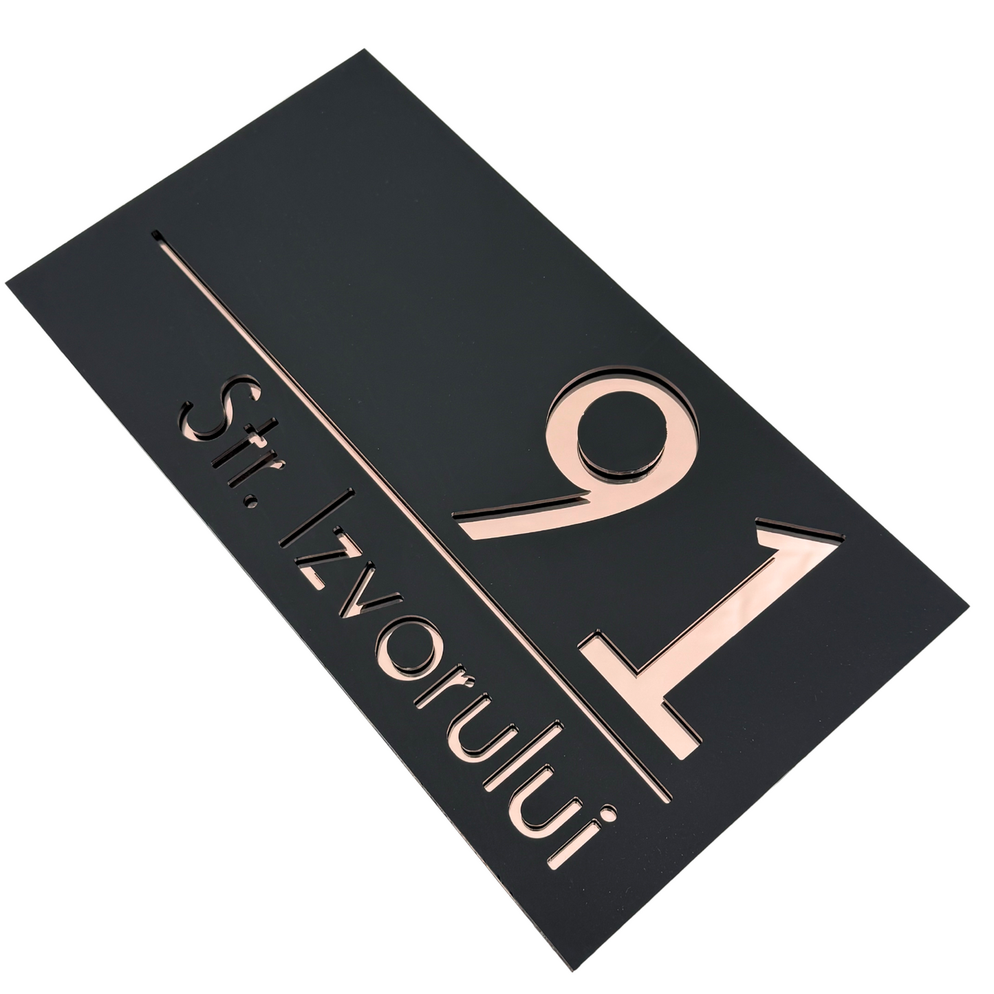 PREMIUM HOUSE NUMBER - Satin Black Rose Gold Mirror - 28×15 cm
