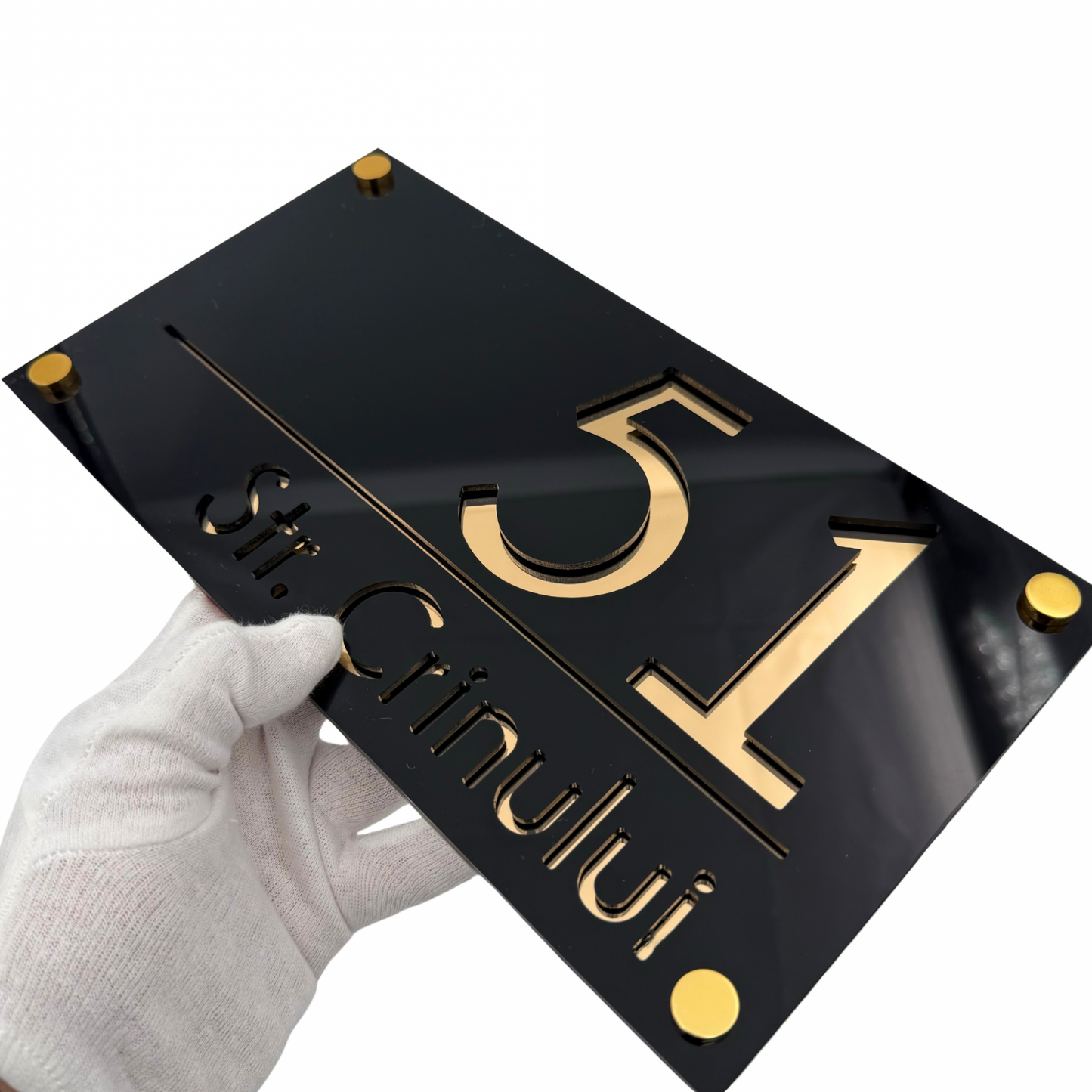 PREMIUM HOUSE NUMBER - Glossy Black Gold Mirror 4 Spacers Gold - 28×15 cm