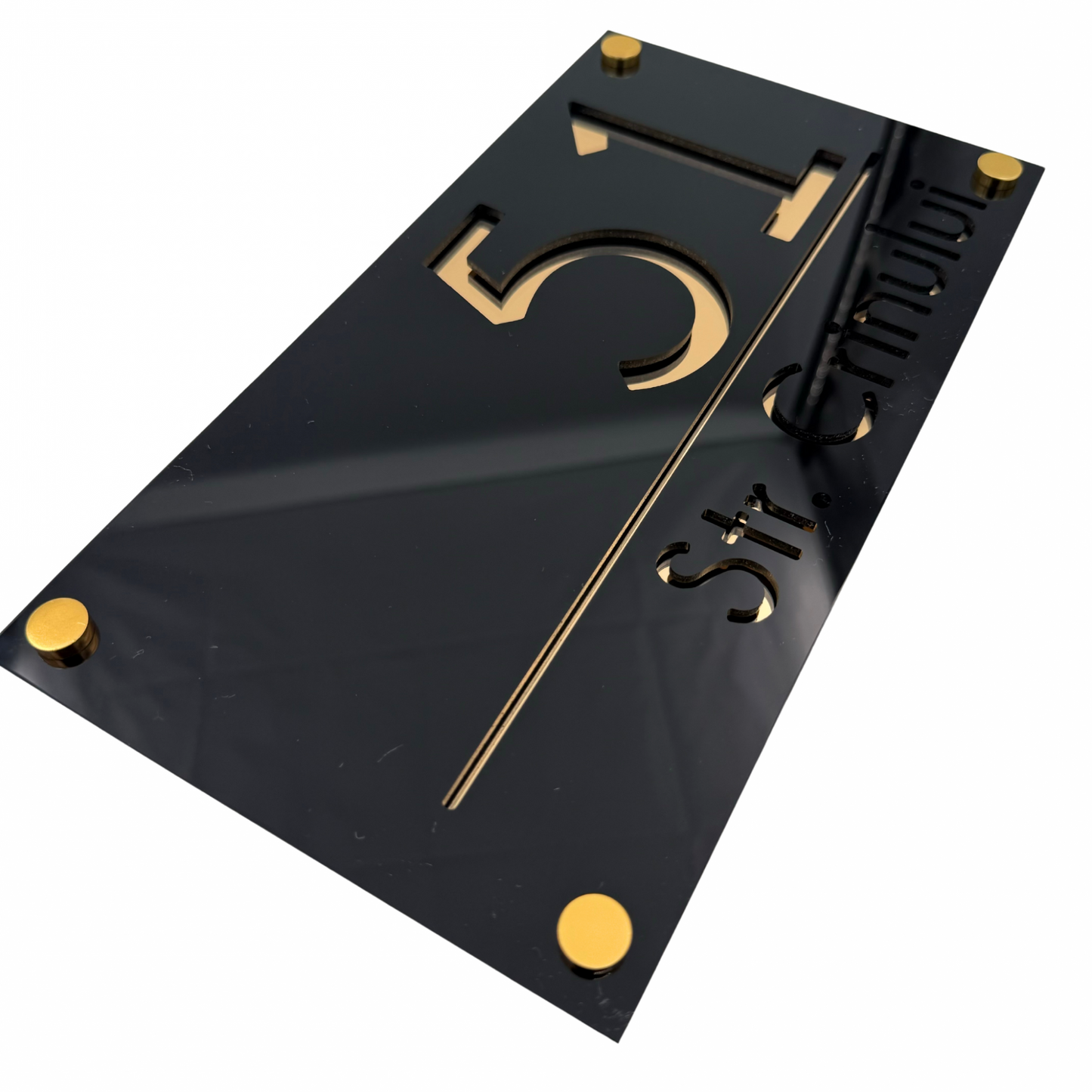 PREMIUM HOUSE NUMBER - Glossy Black Gold Mirror 4 Spacers Gold - 28×15 cm