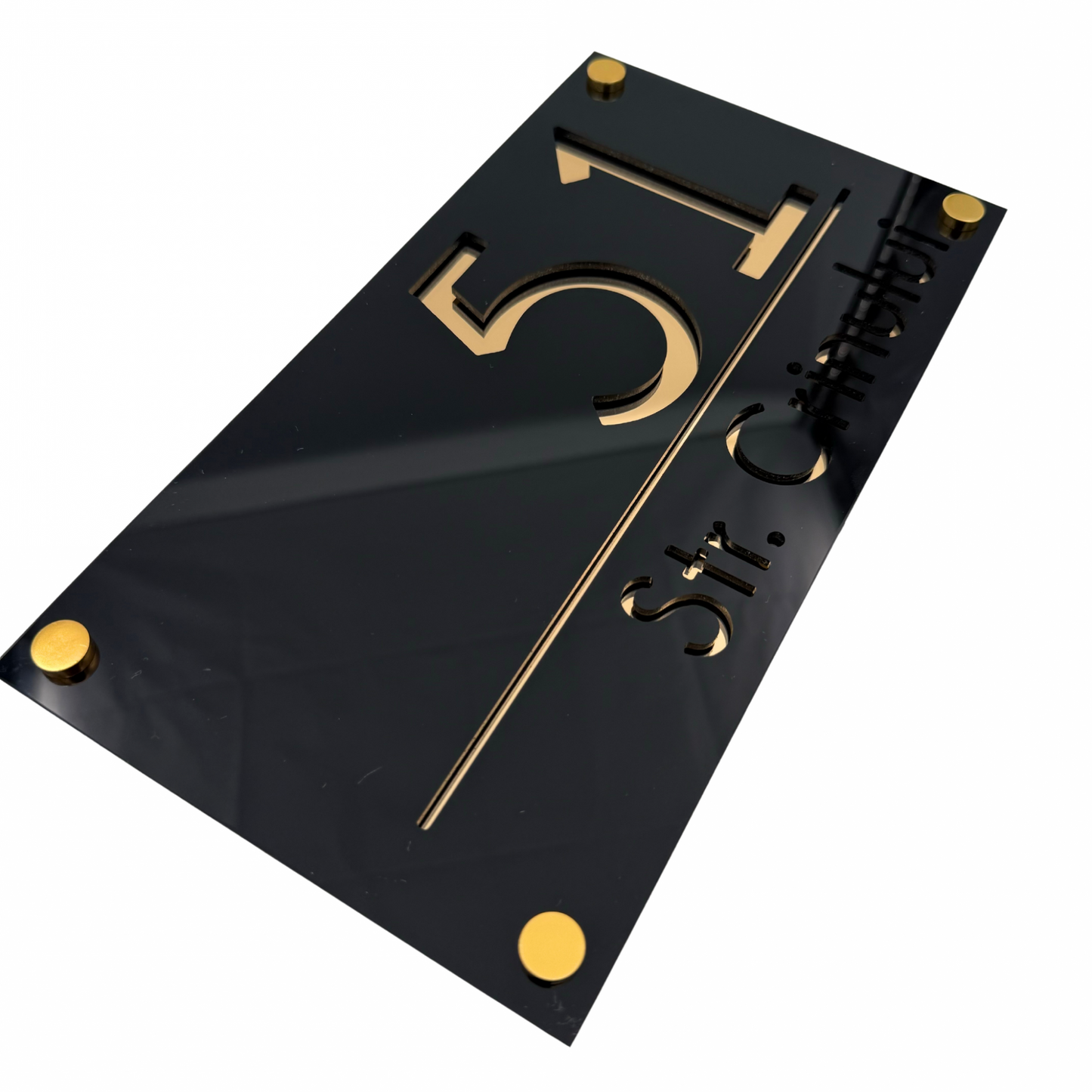PREMIUM HOUSE NUMBER - Glossy Black Gold Mirror 4 Spacers Gold - 28×15 cm
