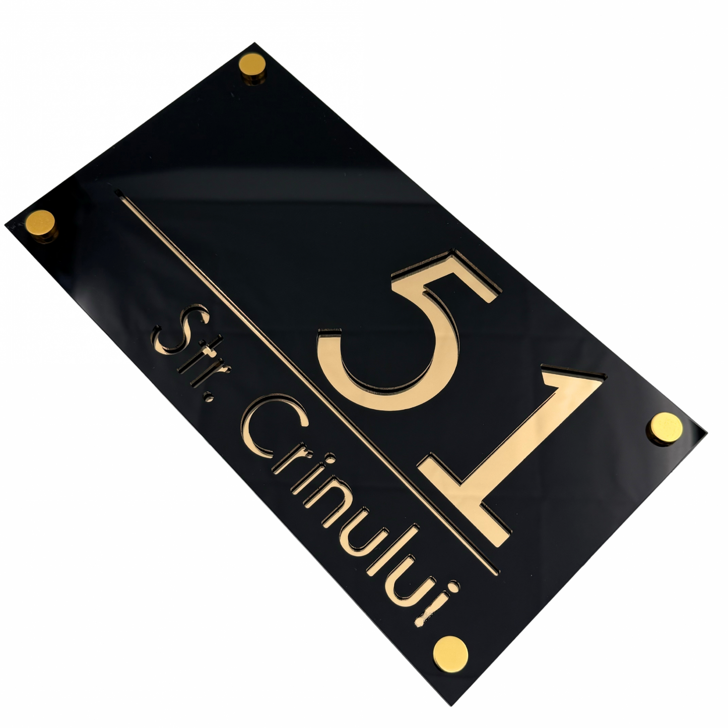 PREMIUM HOUSE NUMBER - Glossy Black Gold Mirror 4 Spacers Gold - 28×15 cm